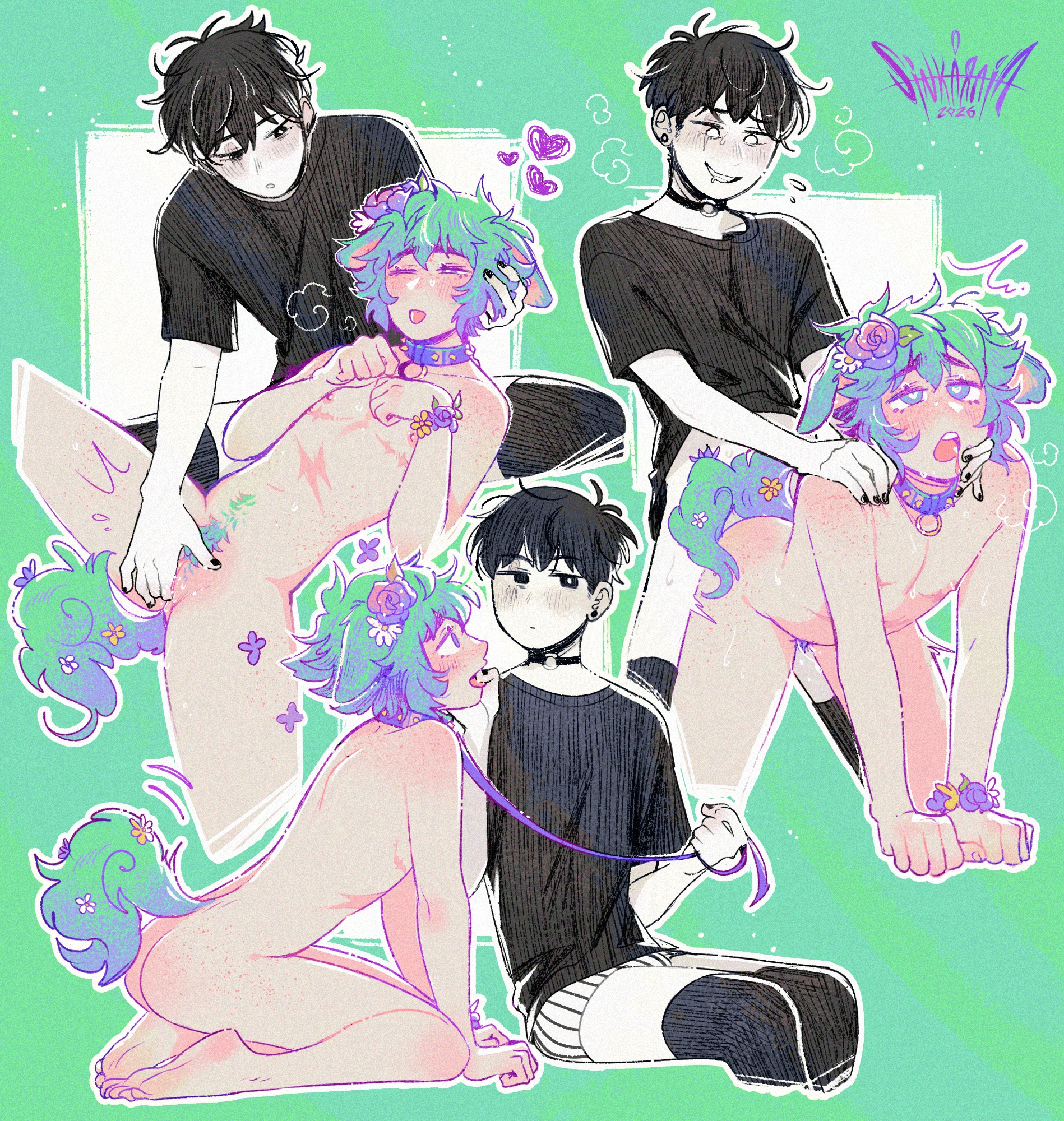 2026, 2boys, 2femboys, basil (omori), black hair, color, cuntboy, cuntboy penetrated, cuntboy/male, femboy, fingering, gay, gay sex, green hair, hi res, leash, male, naked, omori, omori (character), pleasured, puppy ears, puppy eyes, puppyboy, semi clothed, sinkaraia, sintastein, sunflower (omori), sunny (omori), tagme, tail, tongue out, trans man, twink, watermark, white skin, yaoi