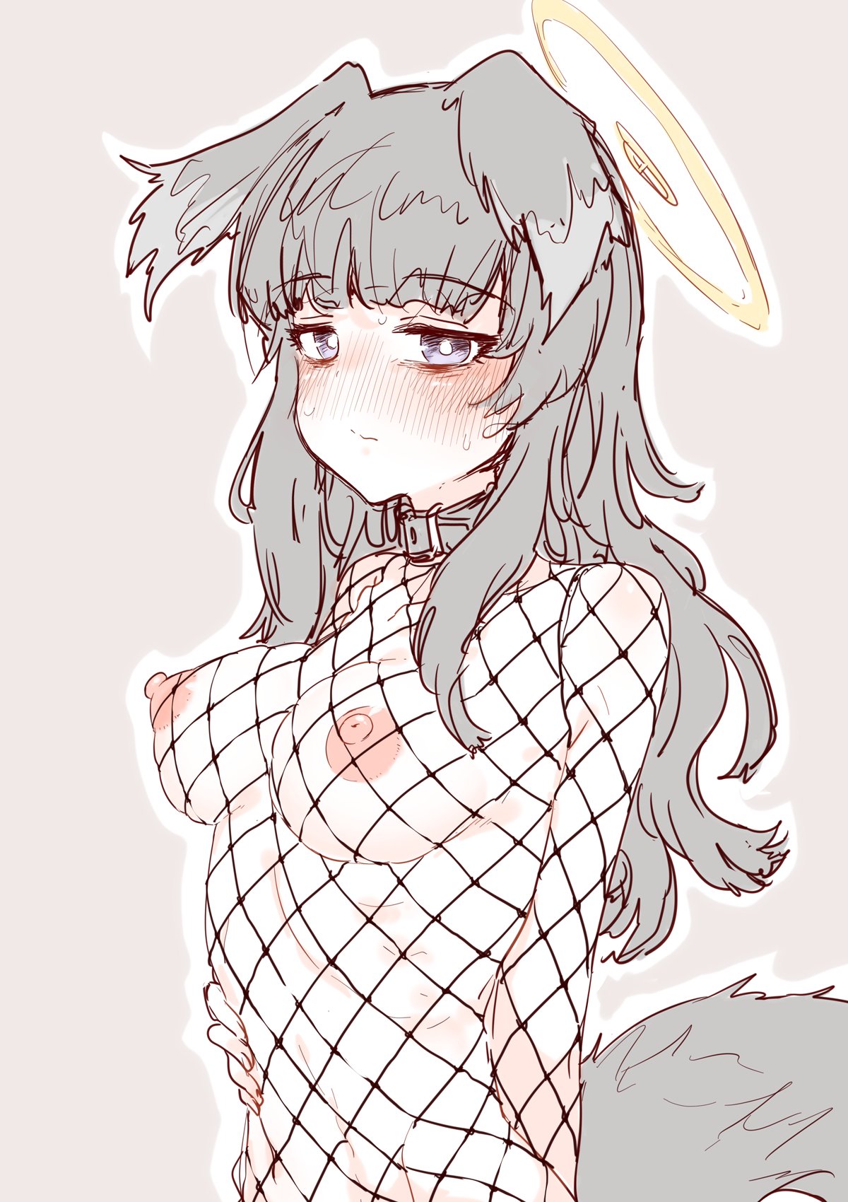1girls, areolae, black hair, blue archive, blush, breasts, collar, dog ears, engineering department (blue archive), fishnet topwear, fishnets, hibiki (blue archive), hourai kochou, light skin, light-skinned female, looking at viewer, medium breasts, millennium science school student, nipples, purple eyes, sweat