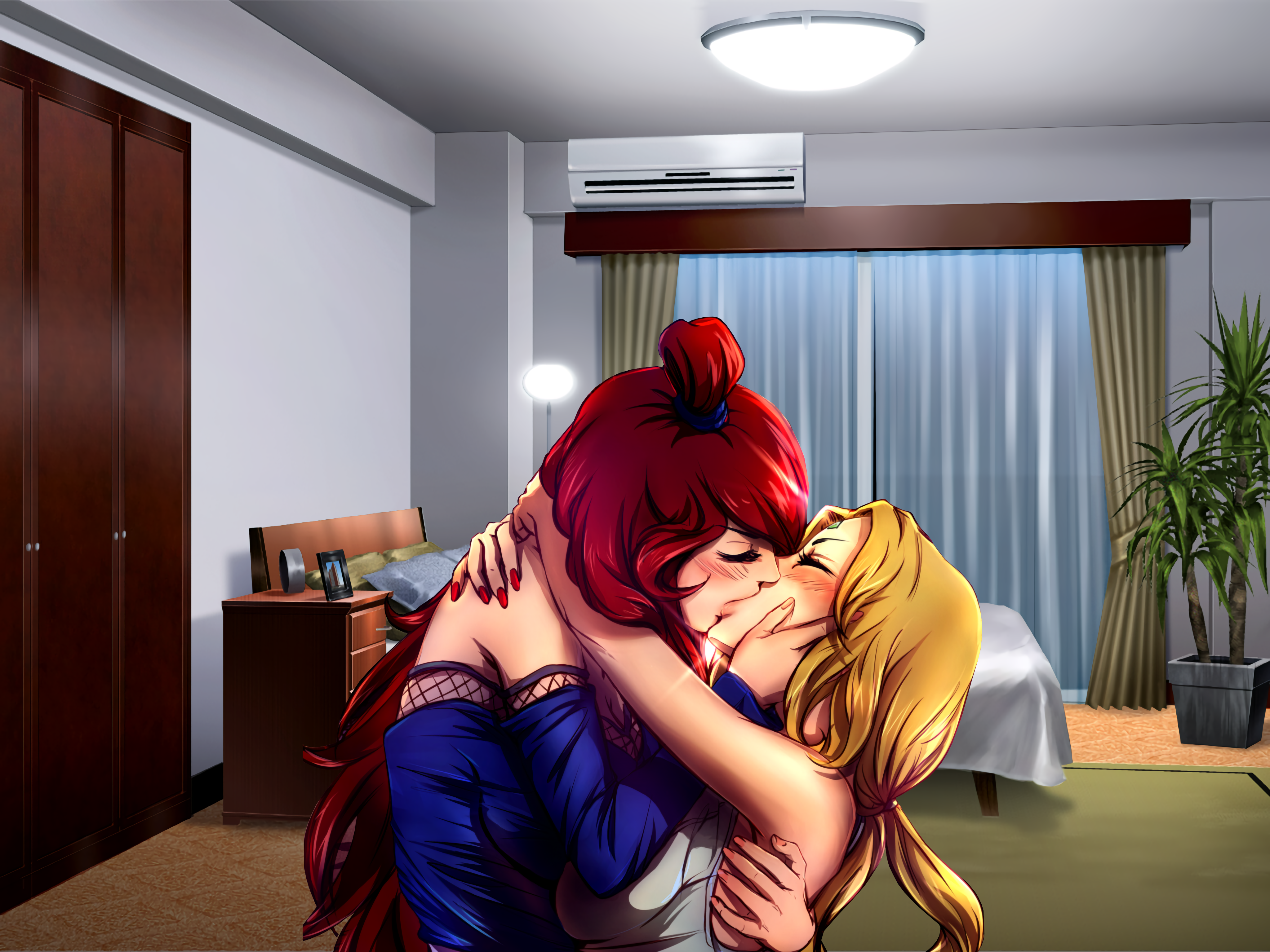 2girls, arms behind head, bedroom, blonde hair, blonde-haired female, blush, brown hair, brown-haired female, cherryinthesun, closed eyes, edit, female, female only, french kiss, hand on face, kissing, mei terumi, naruto, naruto (series), naruto shippuden, open mouth, passionate, passionate kiss, tongue in mouth, tsunade, yuri
