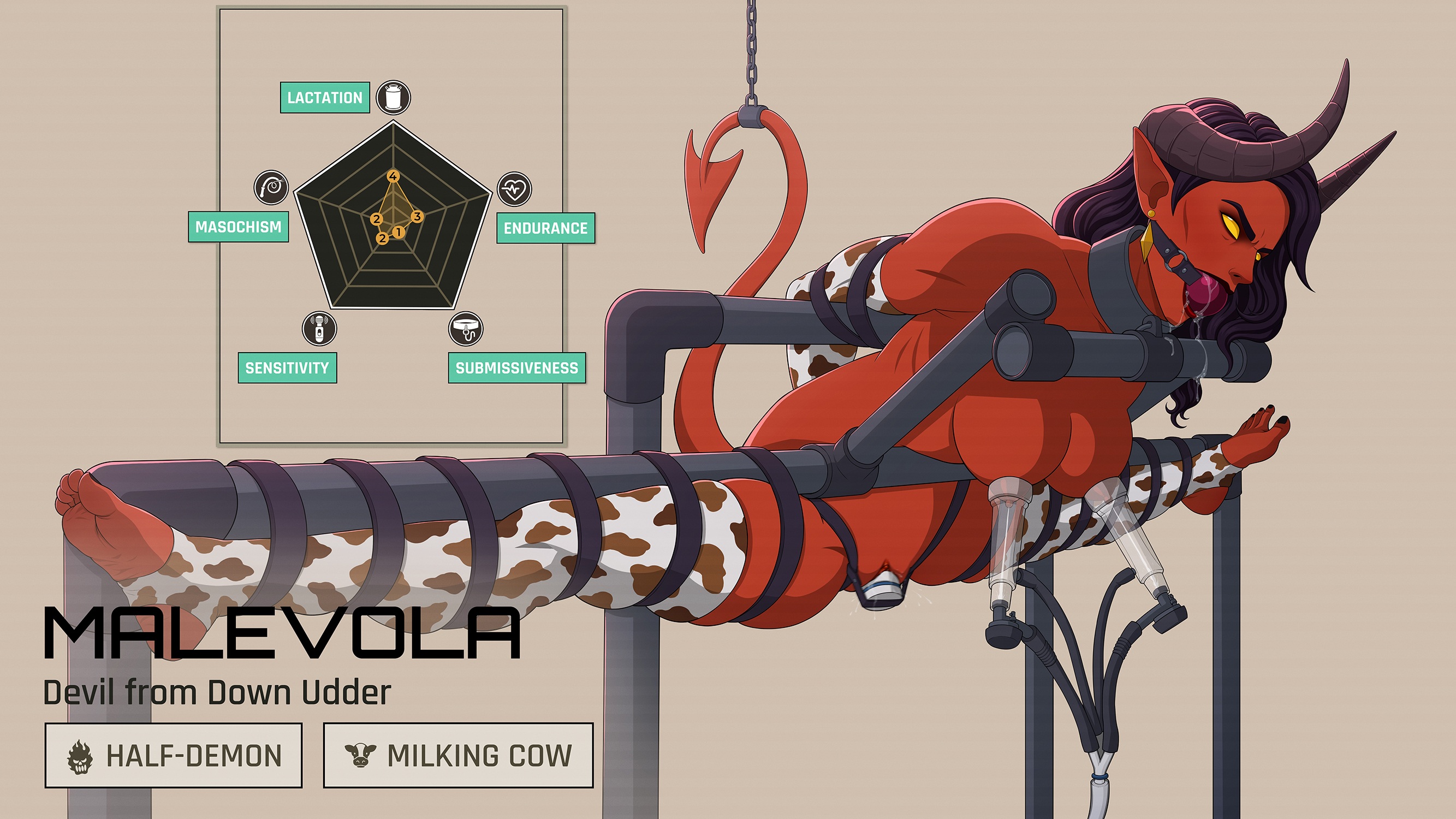ball gag, bdsm, bondage, cow print, cow print armwear, cow print legwear, demon girl, dispatch (game), drool, gag, gagged, horned humanoid, lactating, lactation, leather straps, malevola gibb, milk machine, milking, milking breasts, milking machine, naked female, perilchaser, pussy insertion, stats, vibrator, vibrator in pussy