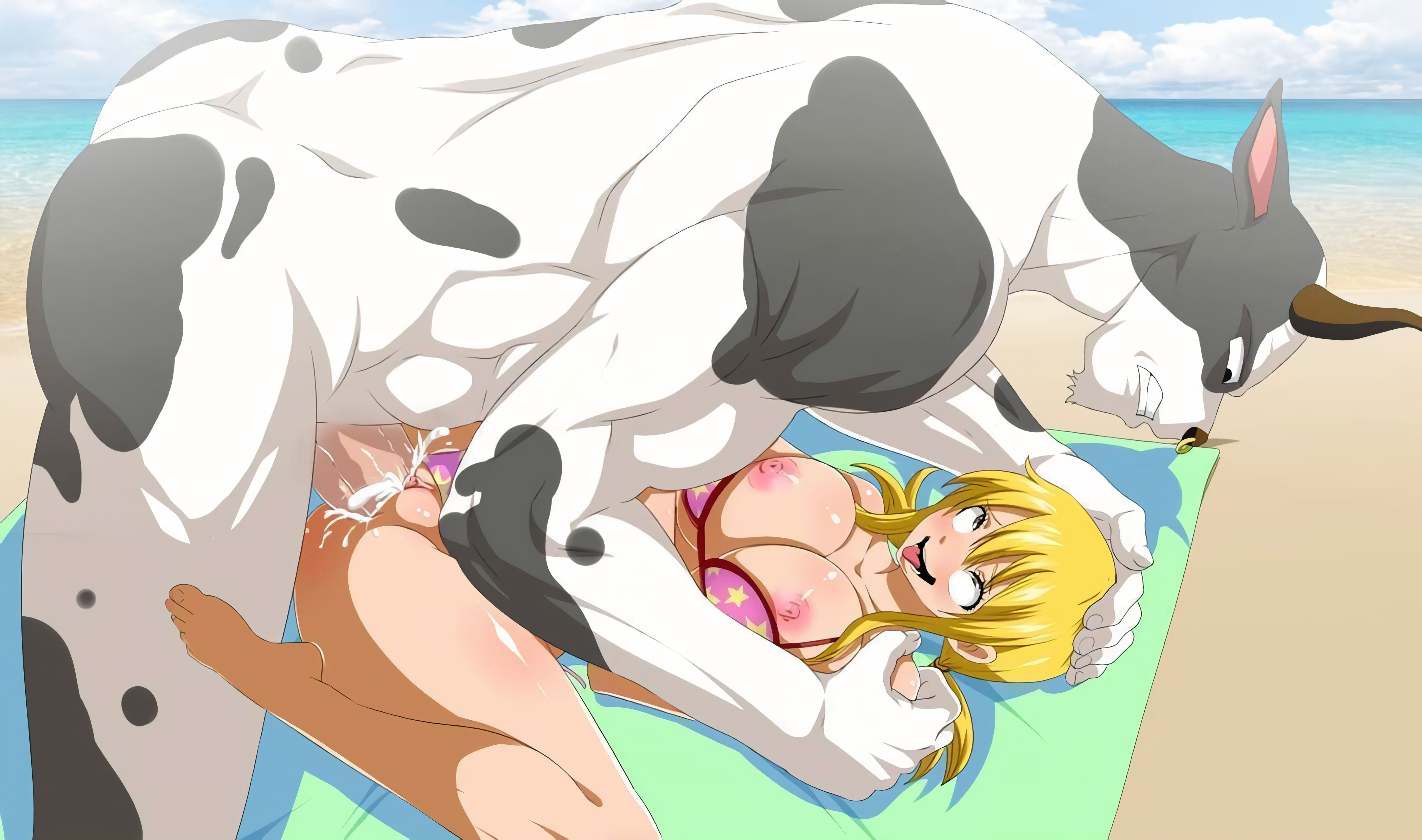 1boy, 1girls, ahegao, anthro, anthro on human, anthro penetrating human, beach, big dom small sub, blonde hair, blonde-haired female, bovine humanoid, clenched teeth, ed-jim, fairy tail, female, female human, fucked silly, hand on head, hand on shoulder, huge cock, huge penis, human, human on anthro, interspecies, larger male, lucy heartfilia, male, male anthro, missionary position, muscular, muscular male, nose piercing, penis, pink bikini, pussy, sex, shiny skin, size difference, smaller female, spread legs, straight, straight sex, taurus (fairy tail), thick penis, tongue, tongue out, towel, vaginal, vaginal penetration, vaginal sex, whentai