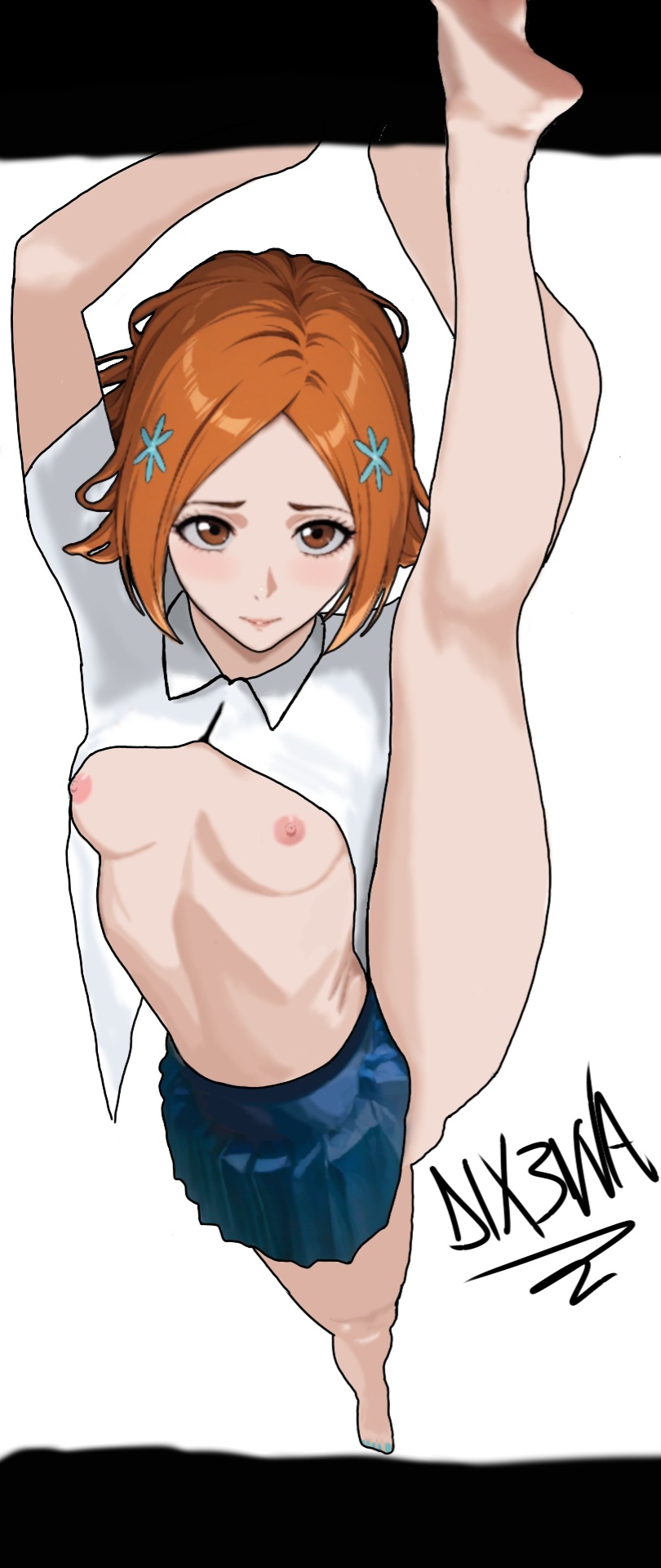 ai assisted, ai generated, bleach, bleach: the thousand-year blood war, blush, boobs, closed mouth, clothed, clothed female, clothed female nude male, clothes lift, clothing, embarrassed, embarrassed nude female, feet, feet out of frame, feet up, foot fetish, foot focus, foot play, inoue orihime, one leg on ground, one leg raised, one leg up, orihime inoue, school, school uniform, schoolgirl, solo, student, tits, white background