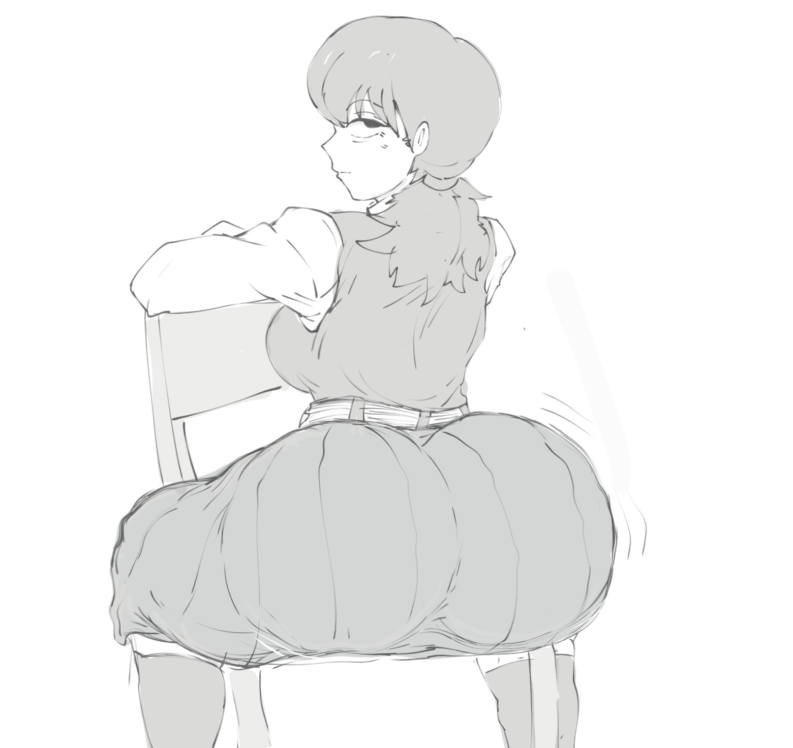 ass, ass focus, big ass, big breasts, bored, bored expression, chainsaw man, clothed, clothing, fat ass, fourth east high school uniform, huge ass, looking back, looking back at viewer, miri adam, mitaka asa, round ass, sitting, sitting on chair, skirt, thick ass, thick thighs, thighhighs, thighs, white background, wobbling ass
