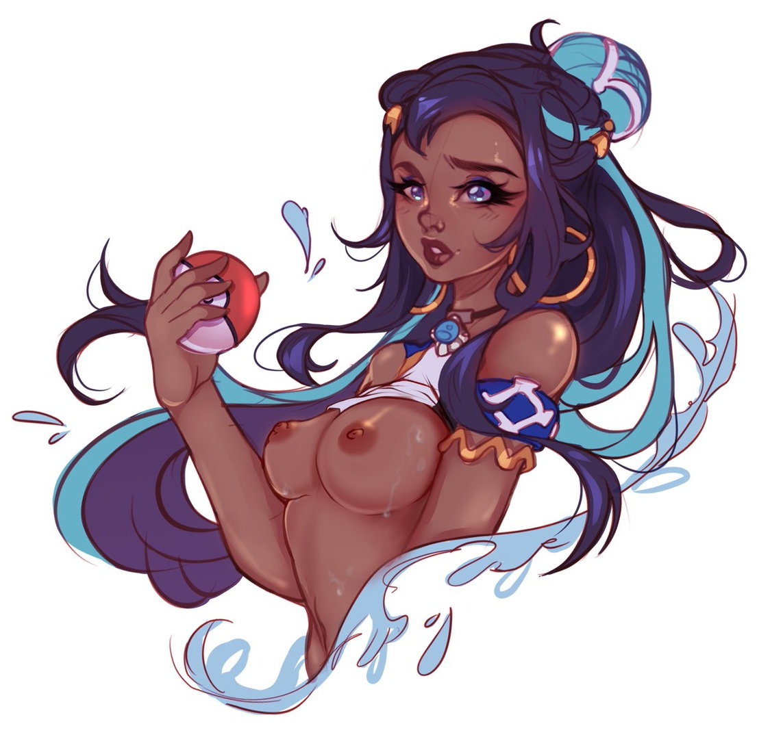 1girls, areolae, bare arms, bare shoulders, blue eyes, breasts, clothed, clothes, dark skin, dark-skinned female, female, female only, human, naked, nessa (pokemon), nipples, nude, pokemon, wet, wet breasts
