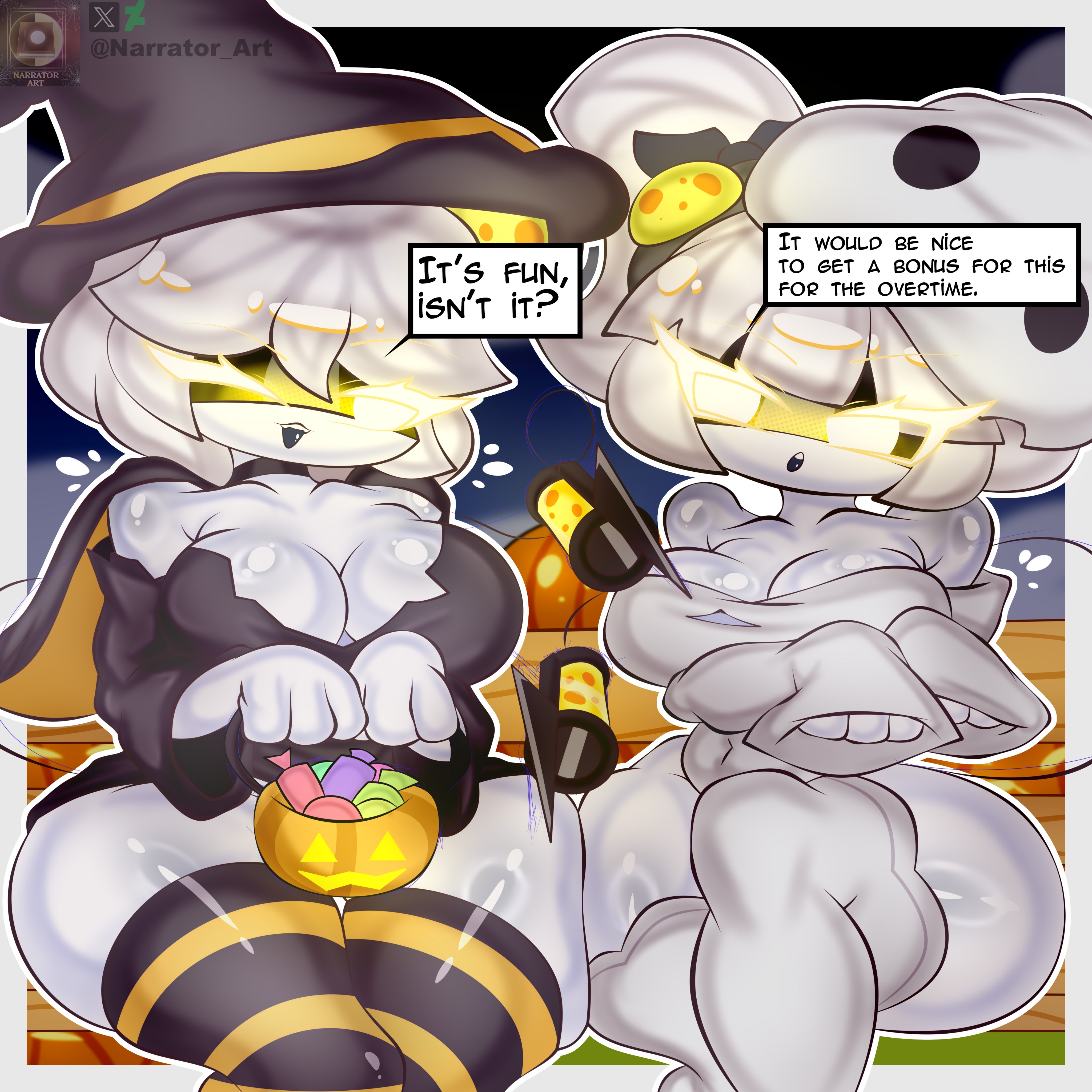 adorable, big breasts, cute, dialogue, female, female only, ghost costume, halloween costume, j (murder drones), murder drones, narrator art, thick thighs, thighhighs, two girls, v (murder drones), witch costume