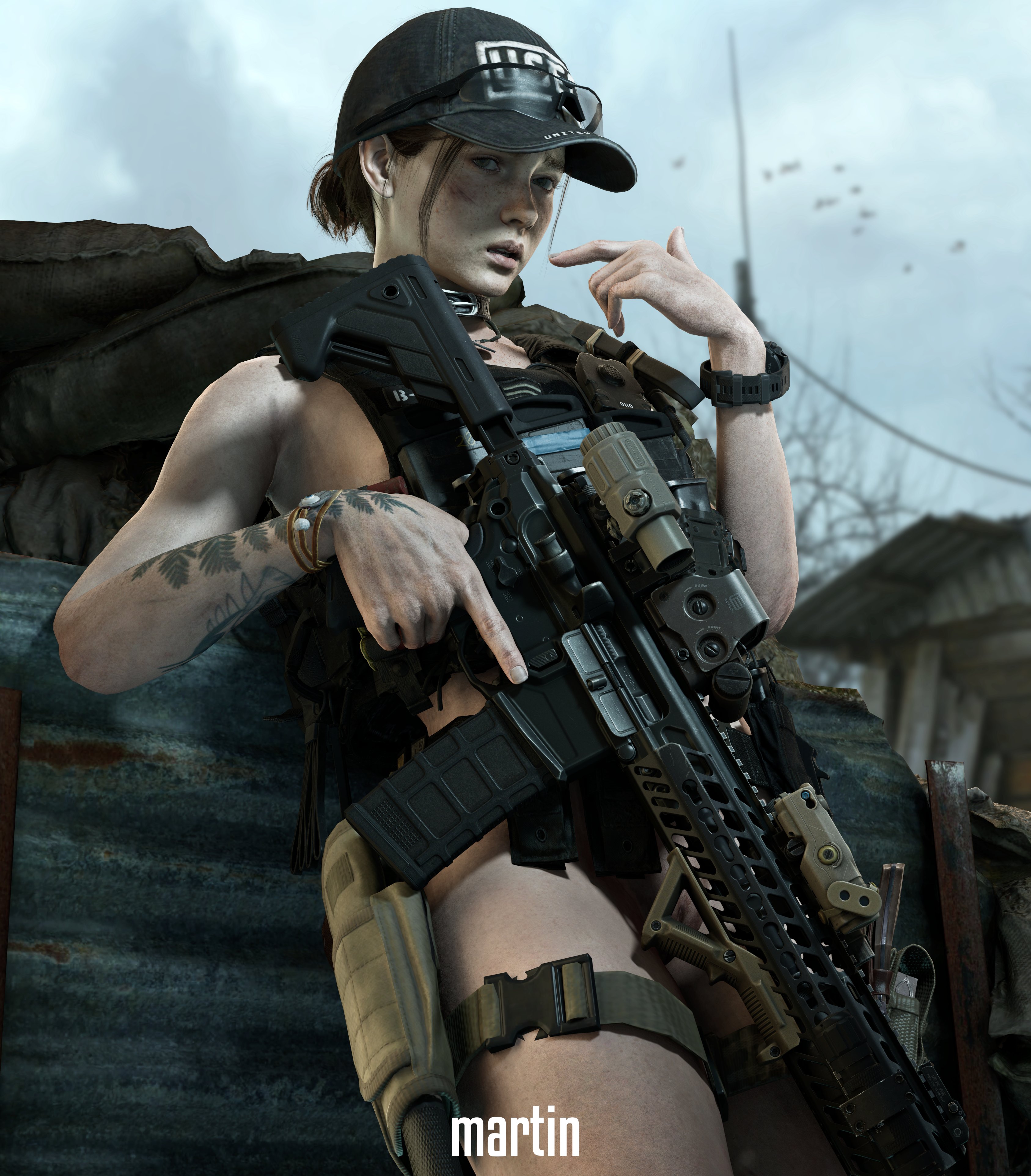1girls, 3d, assault rifle, athletic, athletic female, brown hair, bulletproof vest, ellie (the last of us), ellie williams, female, female focus, female only, gun, hat, hourglass figure, nude, nude female, nudity, pinup, pinup pose, rifle, sfm martin, small breasts, soldier, tactical gear, tactical nudity, tagme, tattoo, the last of us, the last of us 2, thighs, tomboy, trench, vest, weapon, wide hips, wristwatch