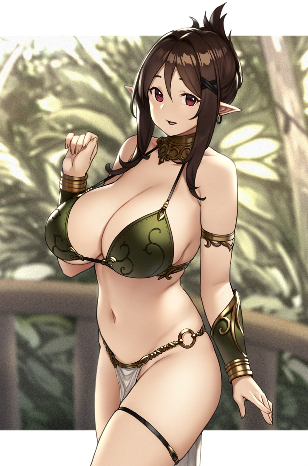 1girls, big breasts, breasts, cleavage, elf, female, female only, houtengeki, large breasts, looking at viewer, solo