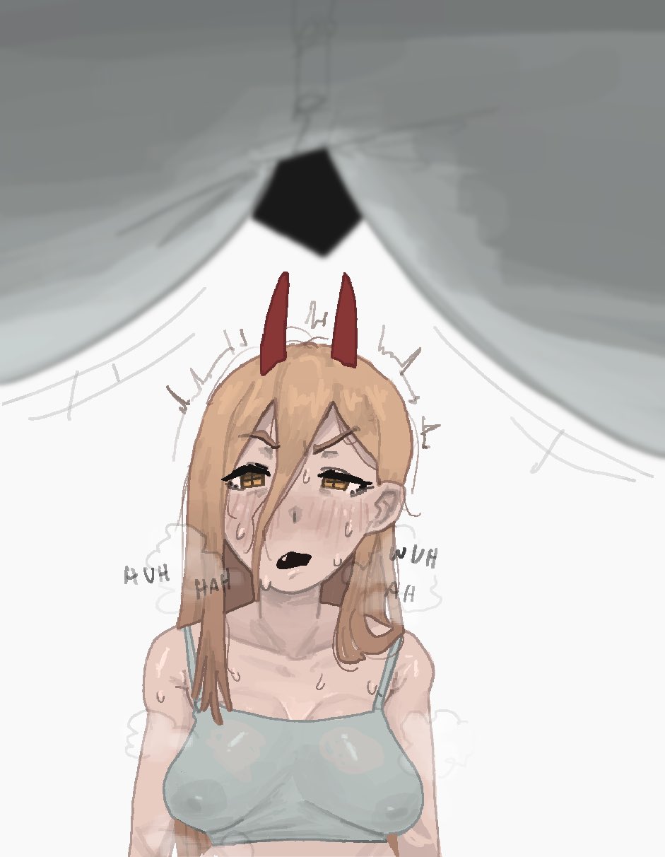 big breasts, blonde hair, blush, blushing, breasts, chainsaw man, cooly, demon horns, erect nipples, erection under clothes, heavy breathing, horny, large breasts, makima (chainsaw man), musk, musk clouds, musky, nipple bulge, nipples visible through clothing, power (chainsaw man), sunzo05, sweat, sweatdrop, sweating, sweaty, transparent, transparent clothing, white background, wobble