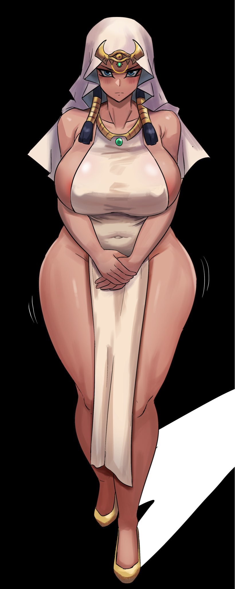 1girls, angry, areola slip, areolae, artist revision, ass hanging out, barely clothed, barely contained, black hair, blue eyes, blush, breasts, brown skin, curvy, edit, egyptian, embarrassed, female, female only, hip cleavage, huge breasts, isis ishtar, large areolae, long hair, looking at viewer, naked tabard, no panties, no underwear, pelvic curtain, sideboob, sideless dress, sideless outfit, simple background, solo, thick thighs, thighs, white clothing, wide hips, ytrall, yu-gi-oh!