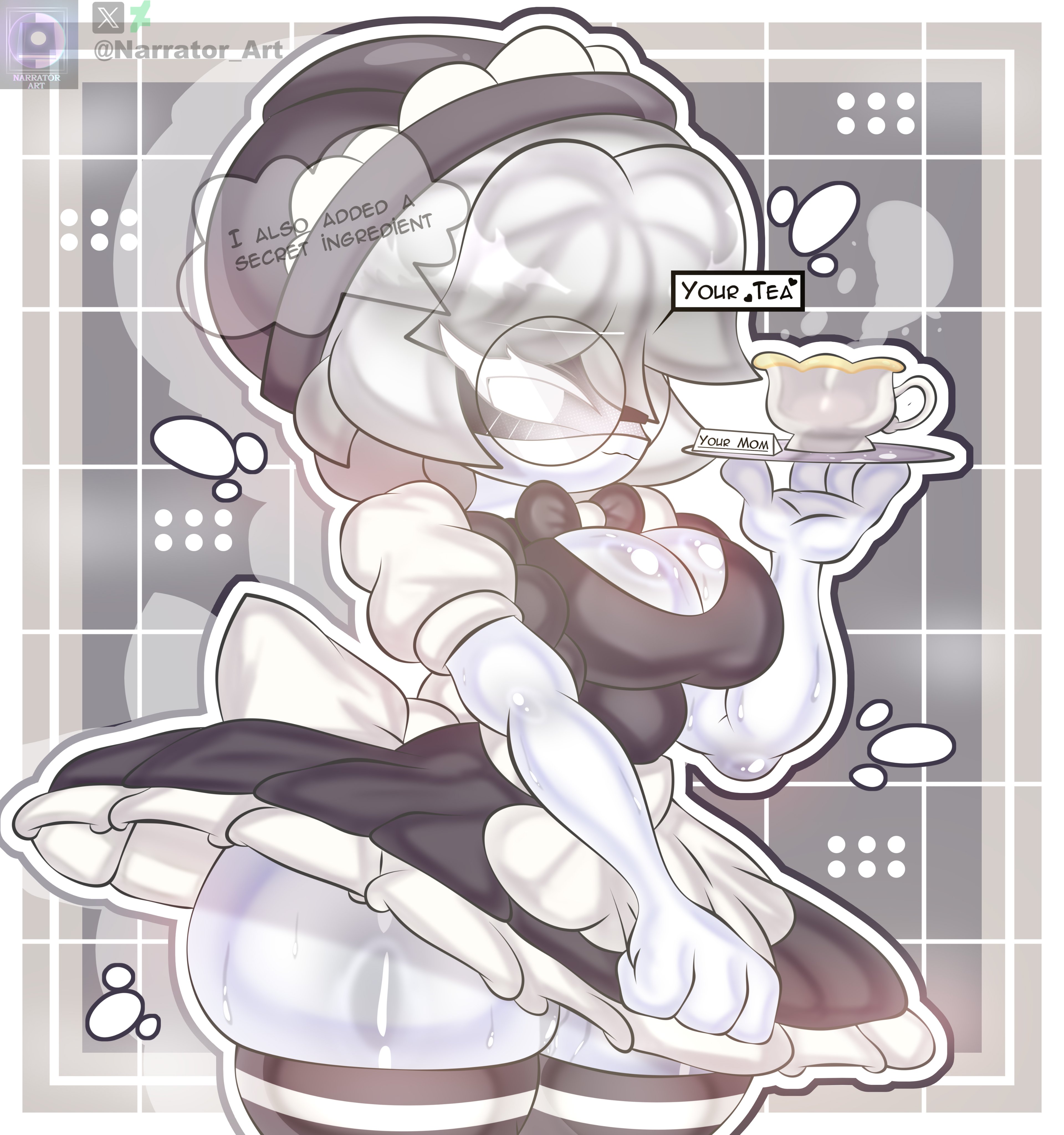 adorable, big breasts, cute, dialogue, female, female only, holding teapot, maid uniform, murder drones, narrator art, shy, thick thighs, thighhighs, v (murder drones), v worker drone