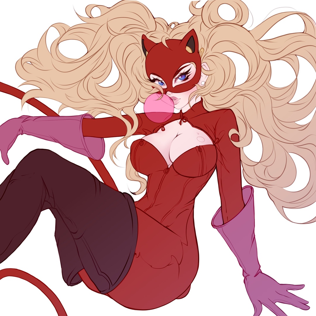 1girls, ann takamaki, big breasts, blonde hair, blue eyes, breasts, dressed, female, female only, kuchicute, latex, latex suit, long hair, looking at viewer, persona, persona 5, phantom thief suit, red clothes, red clothing, tight clothing