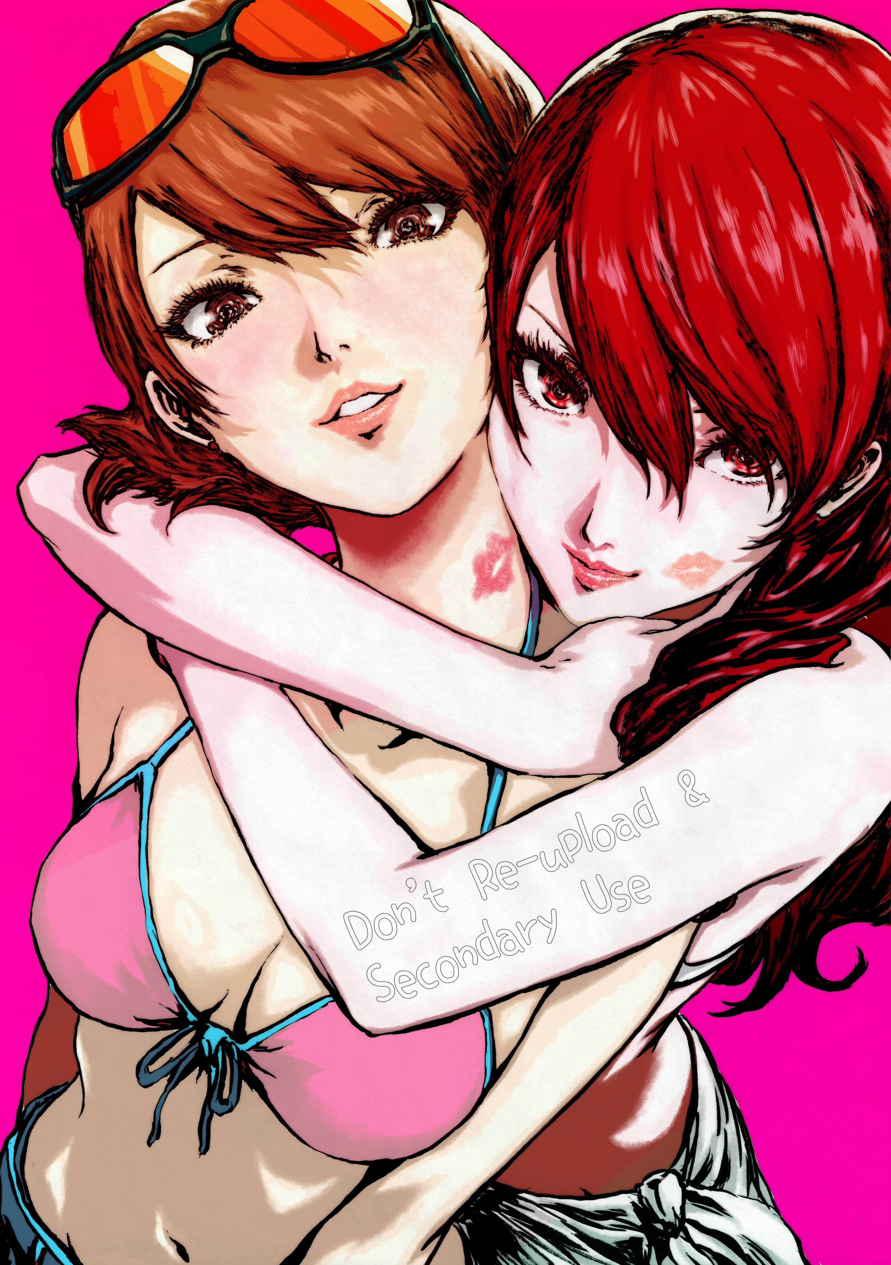 2d, 2girls, atlus, belly, belly button, bikini top, brown eyes, brown hair, female, female only, glasses on forehead, hug, hugging, kiss mark, lesbian, lipstick mark, long hair, looking at viewer, medium breasts, megami tensei, mitsuru kirijo, multiple females, multiple girls, oeilvert fft, open mouth, persona, persona 3, pink bikini, pink bikini top, red eyes, red hair, sega, short hair, shorts, tied bikini, yukari takeba