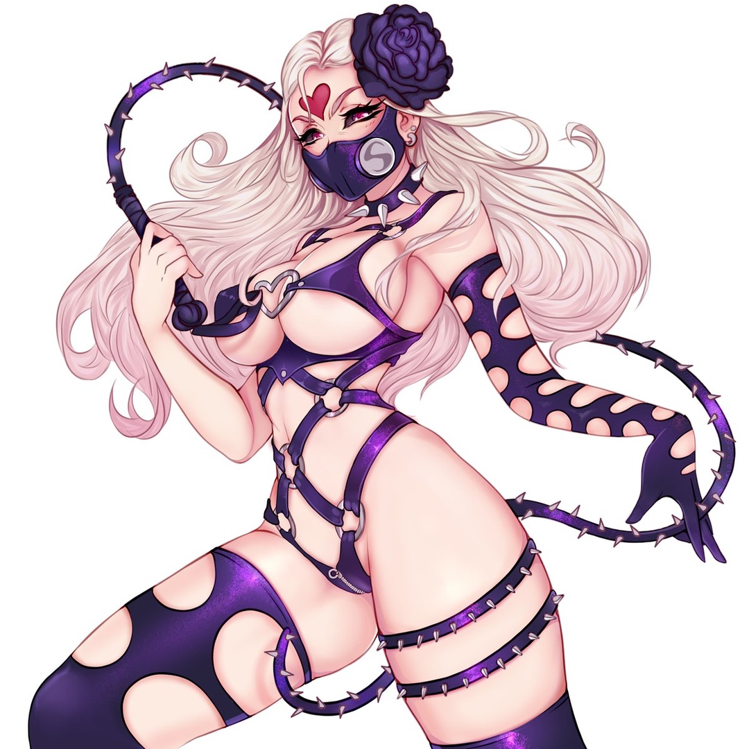 1girls, big breasts, breasts, choker, female, female only, kaijin hime do-s, kuchicute, mask, one-punch man, purple clothes, red eyes, solo, tight clothing, white hair