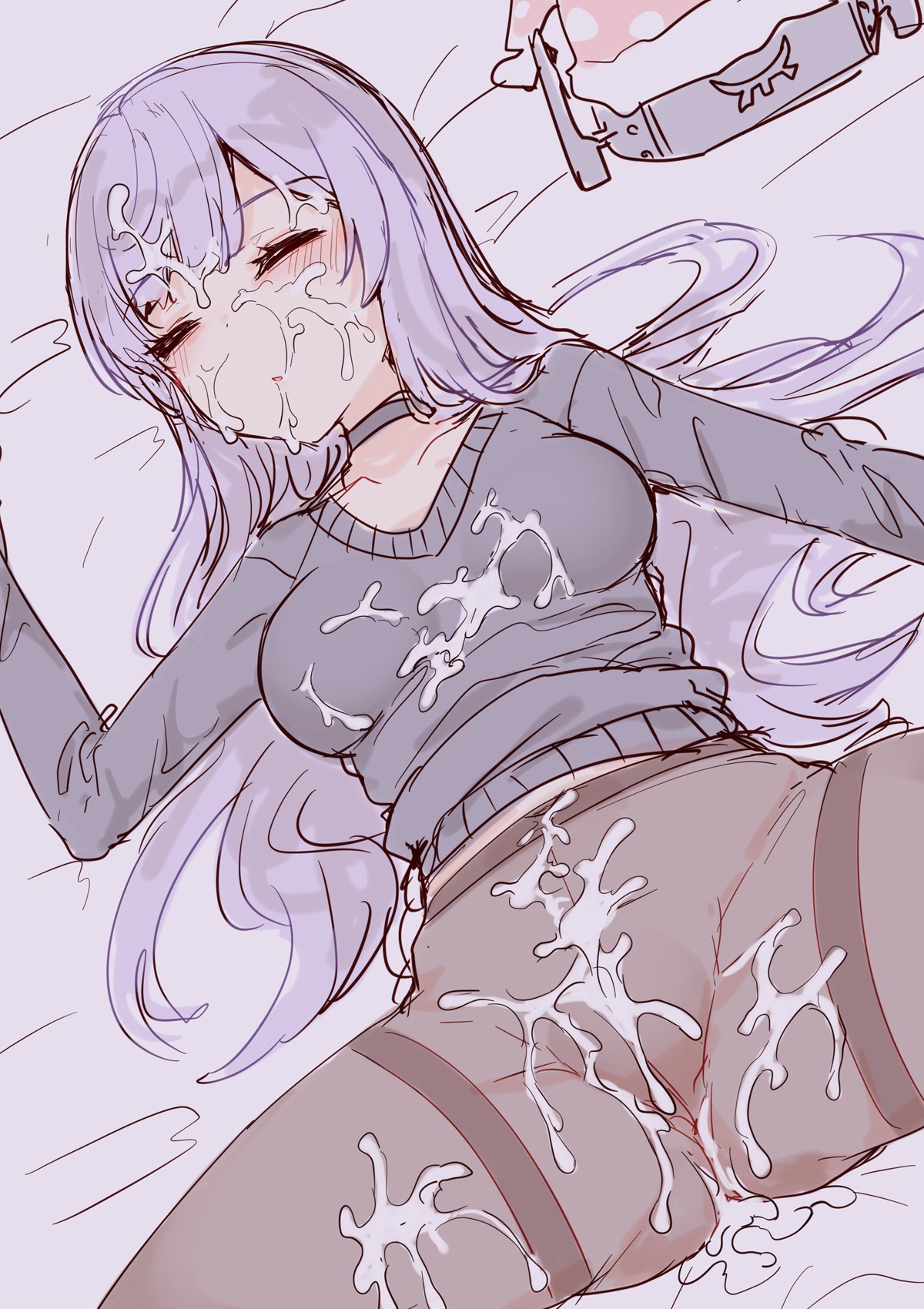 1girls, after sex, blue archive, blush, clothed, cum on body, cum on breasts, cum on face, engineering department (blue archive), eyes closed, hourai kochou, light skin, light-skinned female, millennium science school student, on back, on bed, purple hairmillennium science school student, sleep molestation, sleeping, somnophilia, utaha (blue archive)