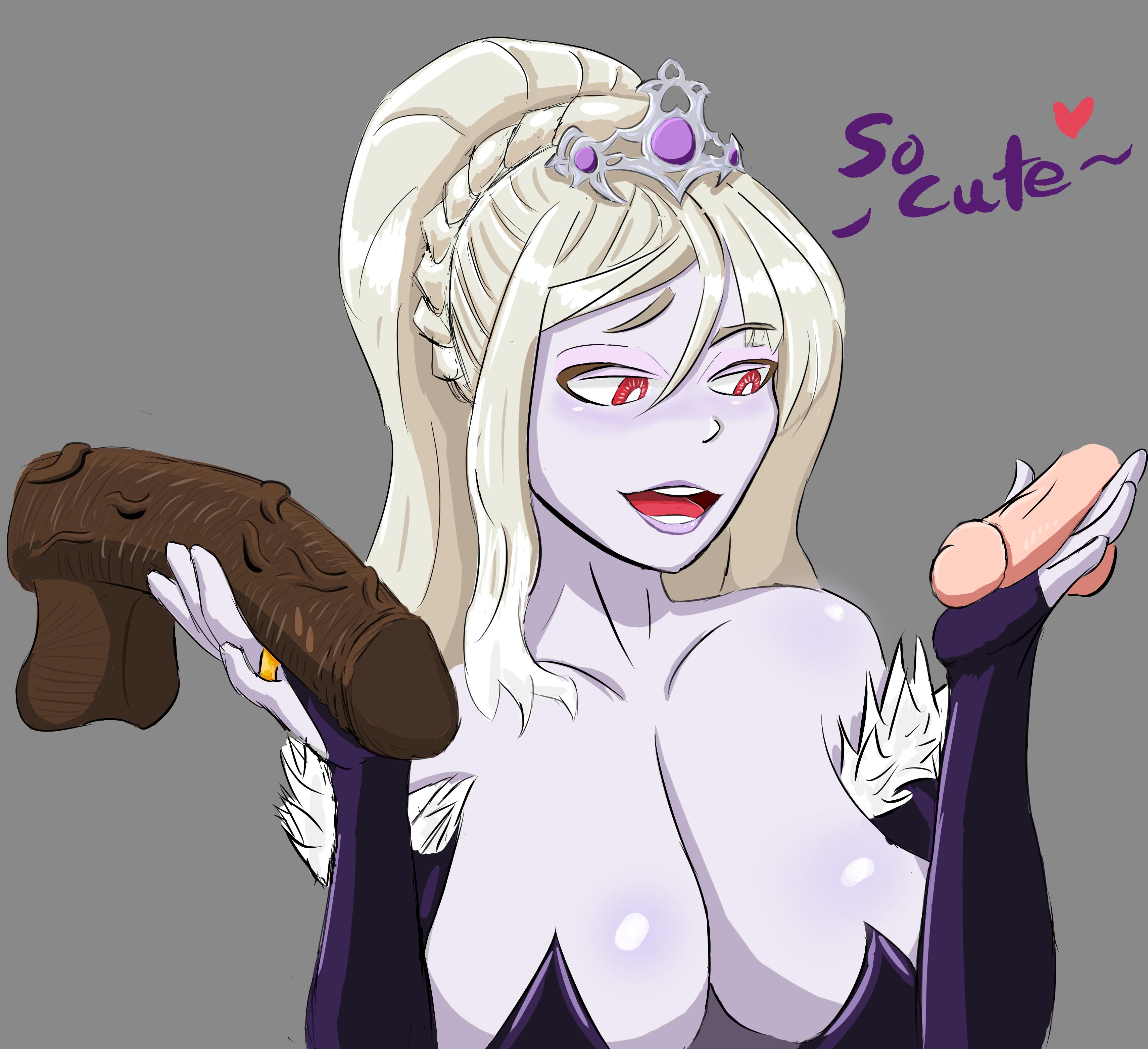 2boys, blonde hair, blush, breasts, crown, cuckold, dark skin, dark-skinned male, eyeliner, eyeshadow, female, grey background, huge cock, humiliation, interracial, large breasts, lips, male, monster girl, monster girl encyclopedia, penis, penis size comparison, penis size difference, red eyes, sissybus, size difference, small penis, small penis adoration, small penis humiliation, wedding ring, wight (monster girl encyclopedia)