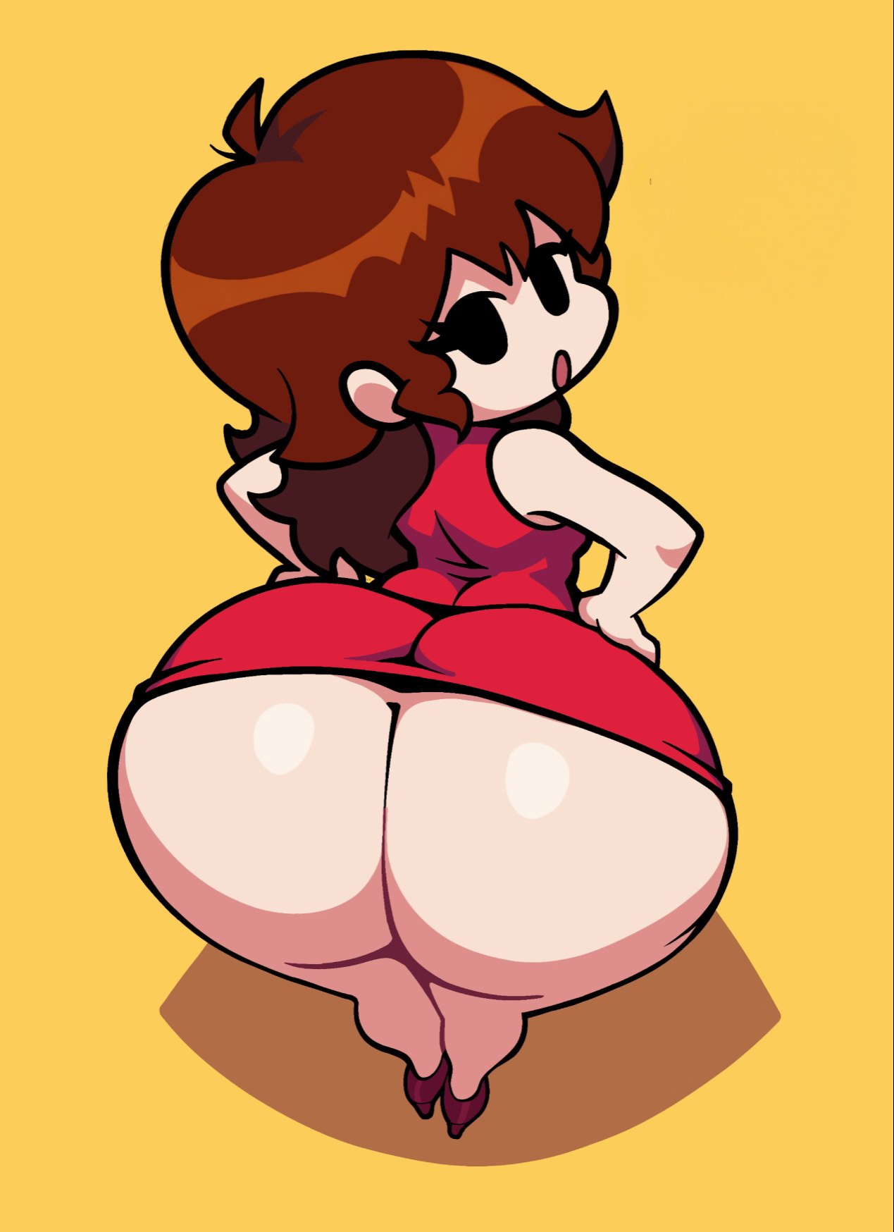 ass, ass bigger than head, auburn hair, big butt, black eyes, bubble butt, clothed, cute, cute and sexy, cute female, cyanu, digital art, digital drawing, digital drawing (artwork), dress, edit, edited, edited art, female only, friday night funkin, girlfriend (fnf), girlfriend (friday night funkin), heels, looking at viewer, looking back, mob face, newgrounds, no panties, no underwear, open mouth, red dress, simple background, solo, solo female, white skin, yellow background