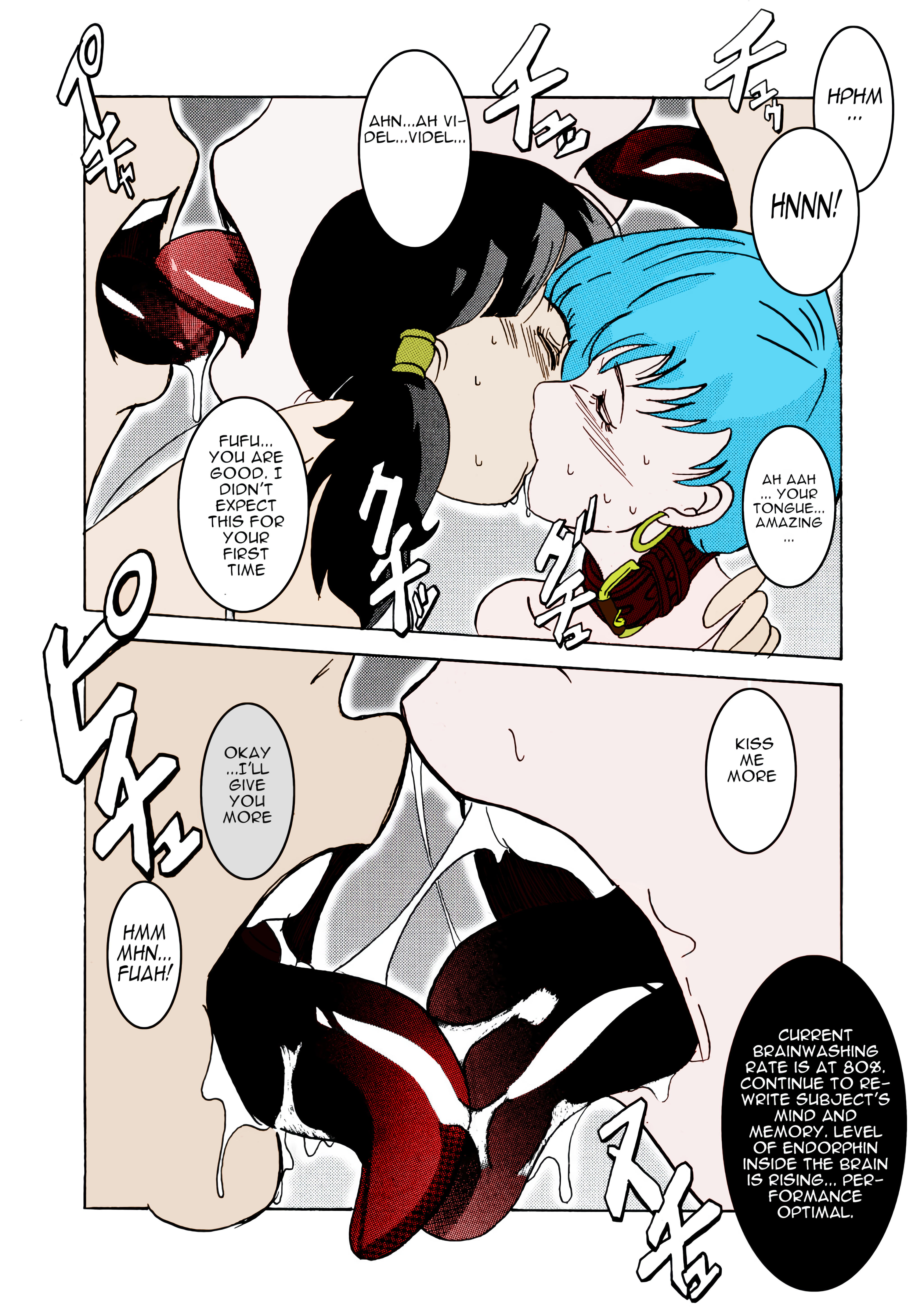 brainwashing, bulma briefs, color, dragon ball, dragon ball z, edit, female, female only, femsub, french kiss, kiss, kissing, mind control, multiple subs, open mouth, passionate, saliva, saliva trail, slave, tongue, tongue kiss, tongue out, twintails, videl, yuri