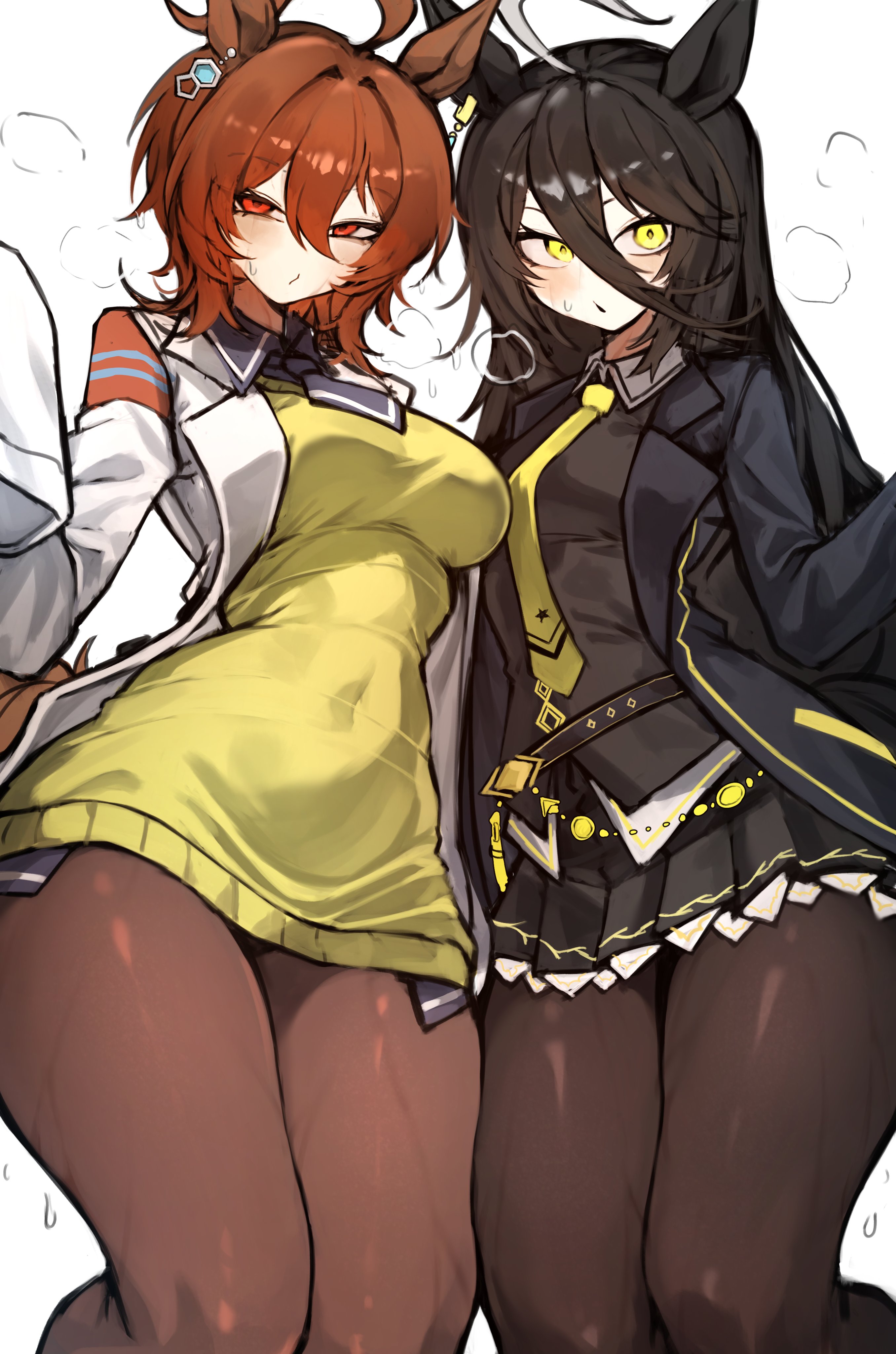 2girls, agnes tachyon (umamusume), animal ears, big thighs, black hair, blush, blushing, bottom heavy, breast size difference, breasts, brown hair, clothed, clothing, duo, earrings, female, female only, flat chest, horse ears, horse girl, hourglass figure, huge thighs, jacket, large thighs, long hair, manhattan cafe (umamusume), medium breasts, navel, pantyhose, red eyes, shigezie, short hair, short skirt, skirt, slim waist, small breasts, standing, steam, sweat, sweatdrop, sweating, sweaty, tagme, thick, thick thighs, thighs, thunder thighs, tight clothing, umamusume, umamusume pretty derby, white background, wide hips, yellow eyes, yuri