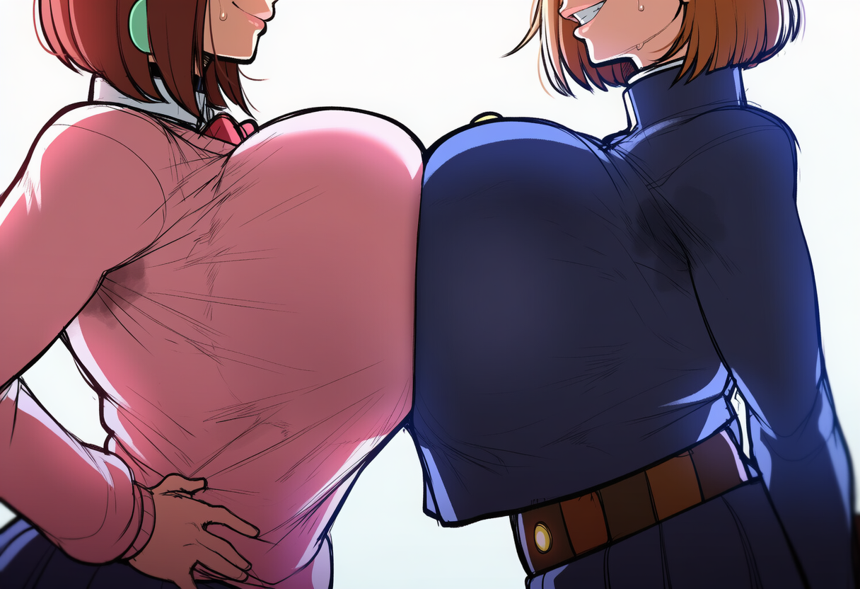 2d, 2girls, ai generated, ayase momo, big breasts, blue clothing, breast to breast, breasts, brown hair, crossover, dandadan, eyes out of frame, face to face, female, female focus, female only, forest, hi res, hibiki120, huge breasts, jujutsu kaisen, kugisaki nobara, large breasts, light-skinned female, long hair, momo ayase, nobara kugisaki, pink clothing, pink shirt, short hair, skirt, standing, sweaty, sweaty body