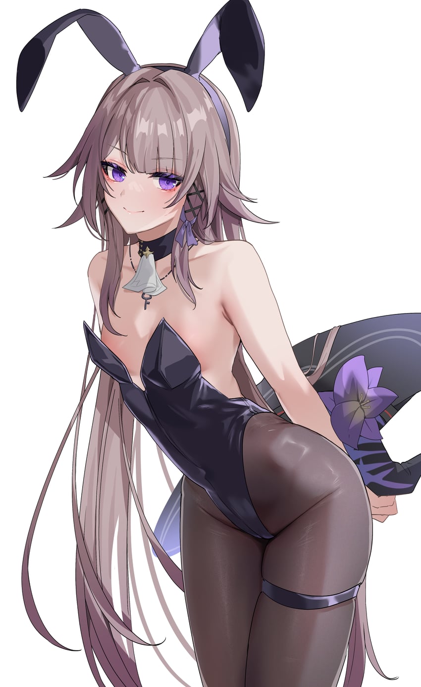 1girls, black bunny ears, black bunnysuit, bunny ears, bunny girl, bunnysuit, herta (honkai: star rail), honkai: star rail, key, necklace, simple background, small breasts, smile, white background, witch hat
