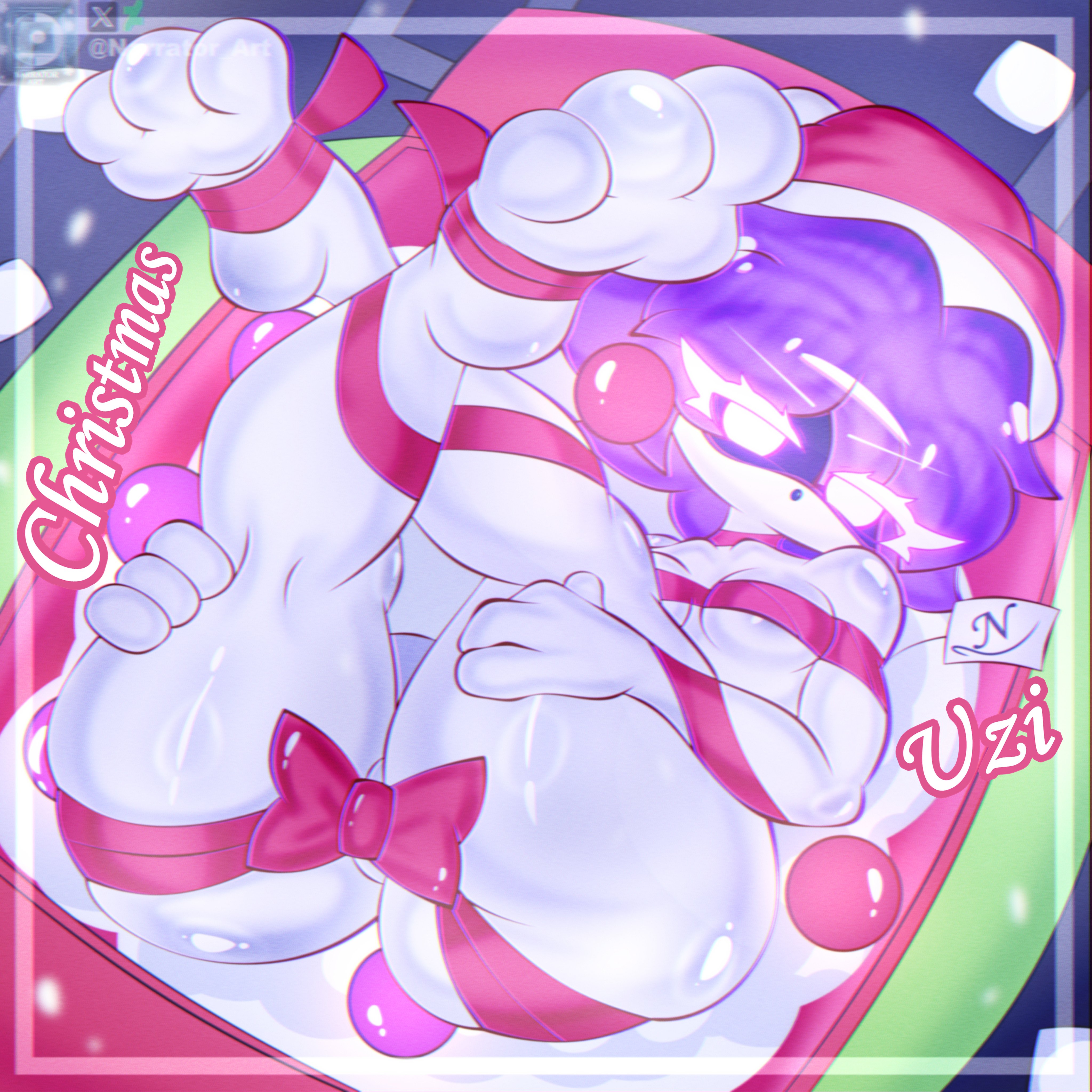 adorable, ass focus, big ass, christmas present, cute, feet, female, female only, murder drones, narrator art, red bow, ribbon, thick thighs, tied up, uzi (murder drones), uzi doorman, wrapped