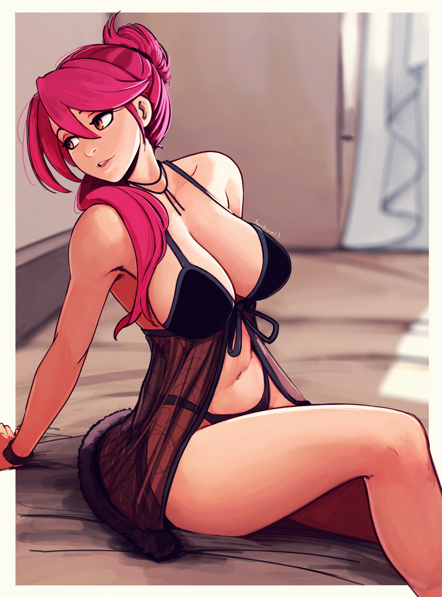 1girls, big breasts, black lingerie, breasts, cleavage, lingerie, looking away, pink hair, raichiyo33, redhead, sara valestein, sitting, thighs