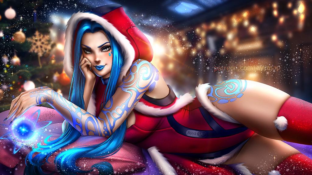 1girls, 2d, ayya saparniyazova, ayyasap, blue hair, blue lipstick, body markings, borderlands, borderlands 3, breasts, christmas, female, female only, hood, long hair, looking at viewer, maya (borderlands), phase powers, phaselock, red clothes, red clothing, silver eyes, siren (borderlands), siren markings, solo, solo female, stockings, tattoo, tattoos, tight clothing