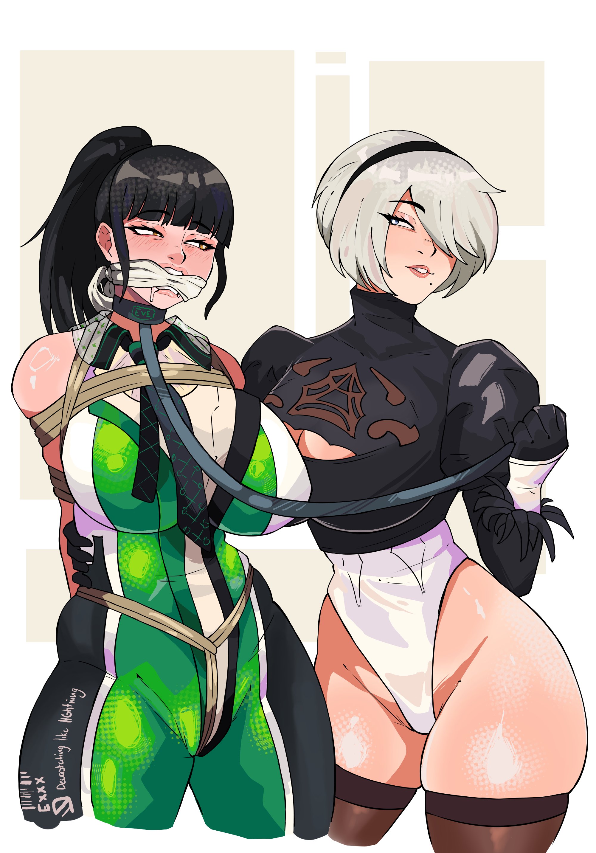 2girls, arms behind back, arms tied behind back, beauty mark, big breasts, black hair, black hairband, blue eyes, blush, blushing, bob cut, bodysuit, boob window, breasts, brown eyes, catsuit, cloth gag, clothed, collar, collar with name, collared, crotch rope, eve (stellar blade), feather-trimmed sleeves, female, female only, femdom, gag, gagged, hairband, huge breasts, large breasts, latex clothing, leash, leash and collar, leotard, lezdom, light skin, light-skinned female, lizwoss, lwmotco, multiple girls, nier, nier: automata, ponytail, puffy sleeves, rope, rope bondage, ropes, short hair, stellar blade, thick, thick thighs, thighhighs, white hair, white leotard, wide hips, yorha 2b