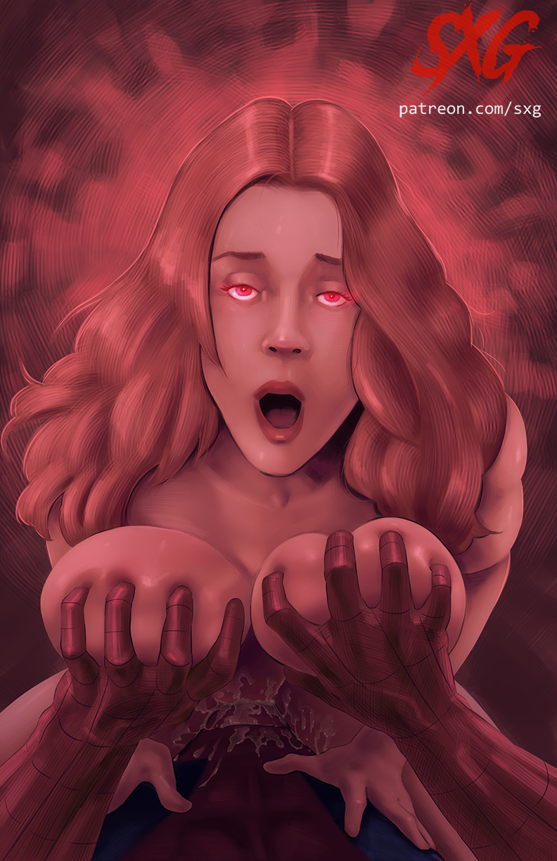 1boy, 1girls, alternate breast size, artist name, avengers, big breasts, breast grab, breasts, cum, cum inside, duo, female, hair, long hair, male, marvel, marvel comics, open mouth, patreon, penetration, peter parker, scarlet witch, sex, sexgazer, spider-man, spider-man (series), straight, straight hair, url, wanda maximoff, watermark, x-men