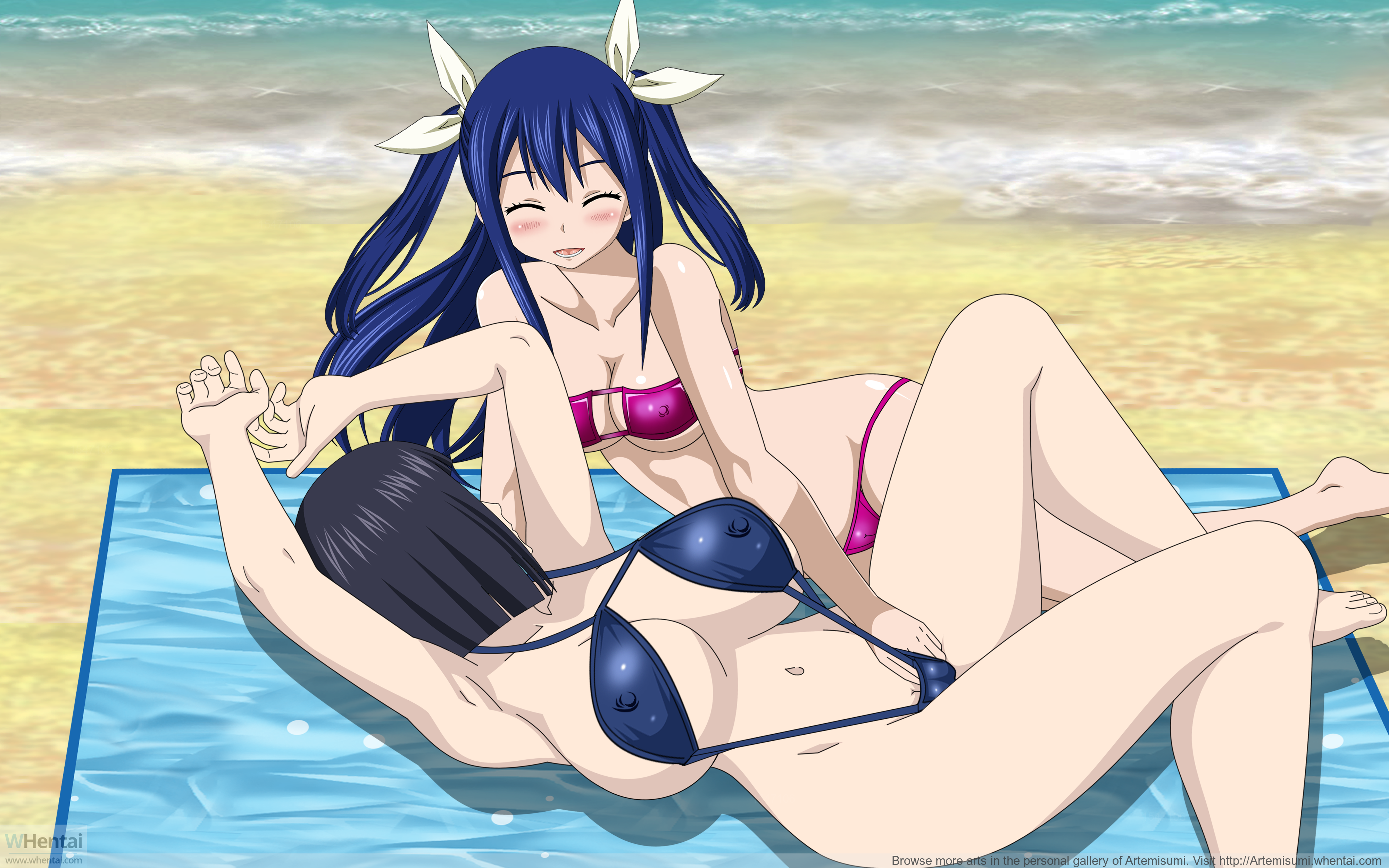 2girls, artemisumi, beach, bikini, black hair, black-haired female, blue hair, blue-haired female, boruto: naruto next generations, crossover, eyepatch bikini, fairy tail, female, hyuuga hinata, naruto, naruto (series), outdoors, outside, tagme, uzumaki hinata, wendy marvell, whentai, yuri