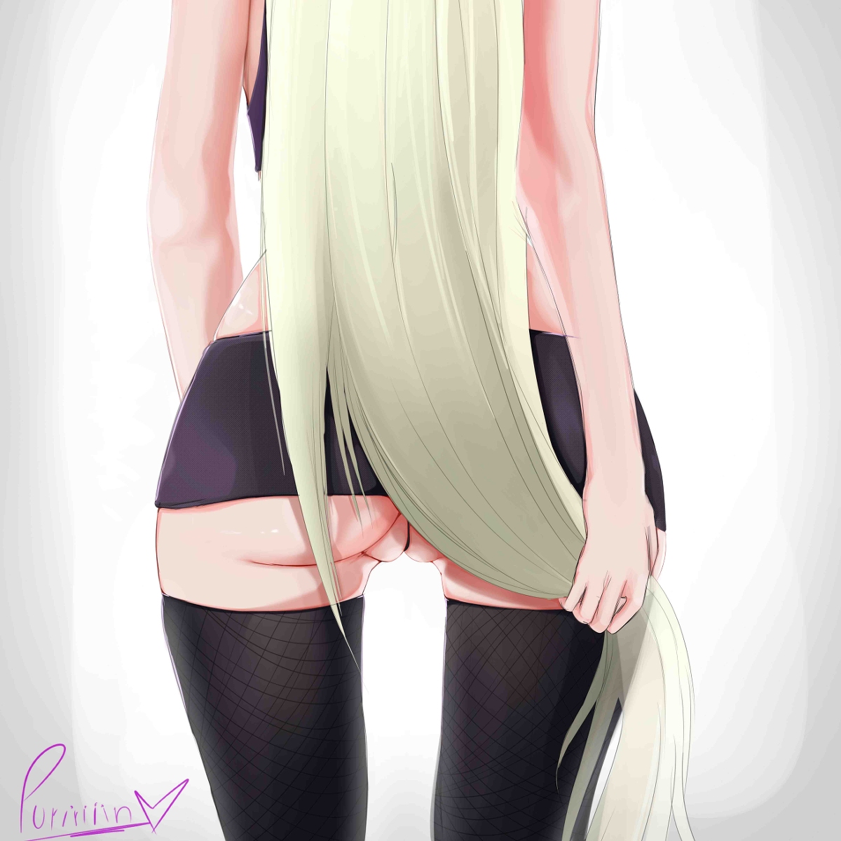 1girls, ass, bigpeachs, blonde hair, female, from behind, huge ass, ino yamanaka, long hair, microskirt, milf, naruto, naruto (series), puririn (puririiin), pussy, skirt, stockings
