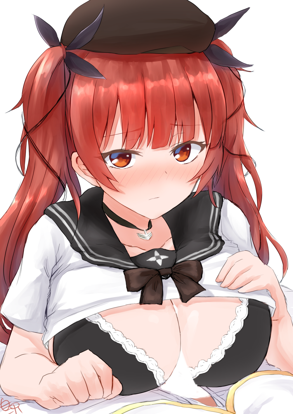 1boy azur_lane bangs black_bra blush bow bra breasts censored cleavage closed_mouth clothed_paizuri collared_shirt eyebrows eyebrows_visible_through_hair female full-face_blush hairbow hand_on_own_chest hat highres honolulu_(azur_lane) honolulu_(parasol_girl)_(azur_lane) jewelry large_breasts long_hair looking_at_viewer necklace paizuri penis red_hair shirazawa shirt shirt_lift short_sleeves simple_background t-shirt twintails underwear white_background white_shirt