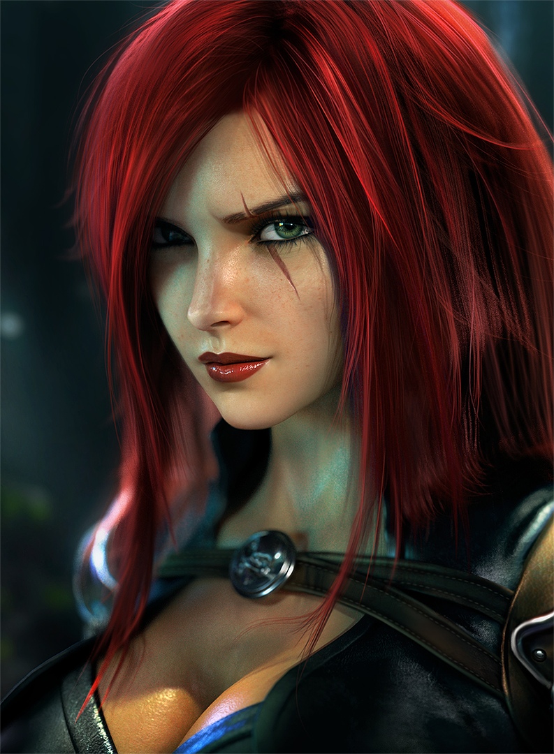 1girls, big breasts, breasts, female, female only, green eyes, katarina du couteau, league of legends, long hair, looking at viewer, red hair, red lipstick, riot games, scar, sevenbees, solo, solo female