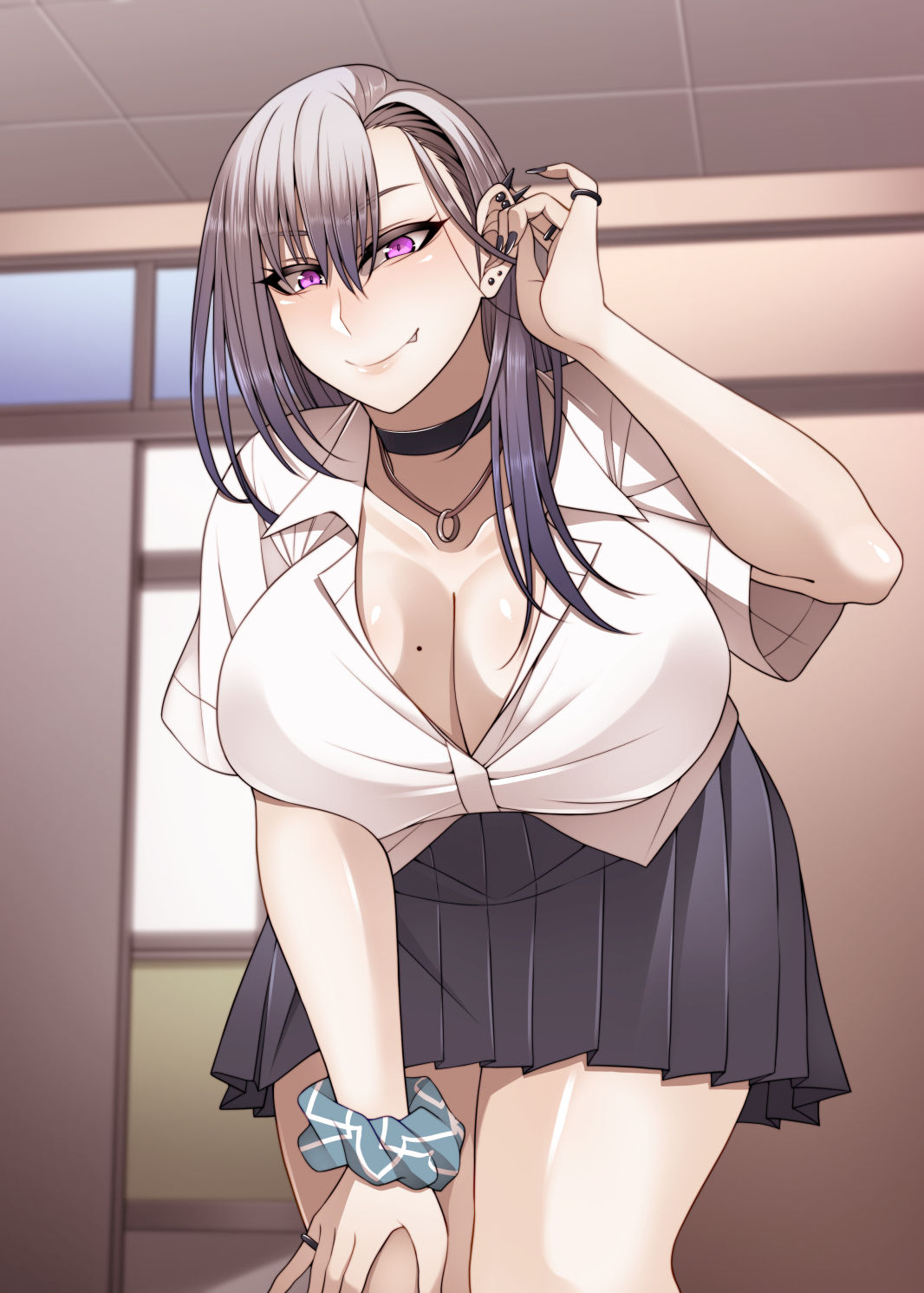 1girls, beauty mark, black skirt, breasts, choker, cleavage, ear piercing, ear piercings, evil eyes, evil smile, fang, female, fingernails, hair between eyes, hairband, hand on own knee, hand on own thigh, huge breasts, jewelry, korotsuke, leaning forward, light skin, light-skinned female, mole, mole on breast, naughty face, necklace, pale skin, pale-skinned female, pleated skirt, purple eyes, purple hair, ring, rings, school uniform, scrunchie, seductive, seductive smile, short skirt, silver hair, skirt, smile, teeth, the creepy glasses girl, thick eyelashes, thick thighs, vampire, white shirt, wide hips, wrist scrunchie