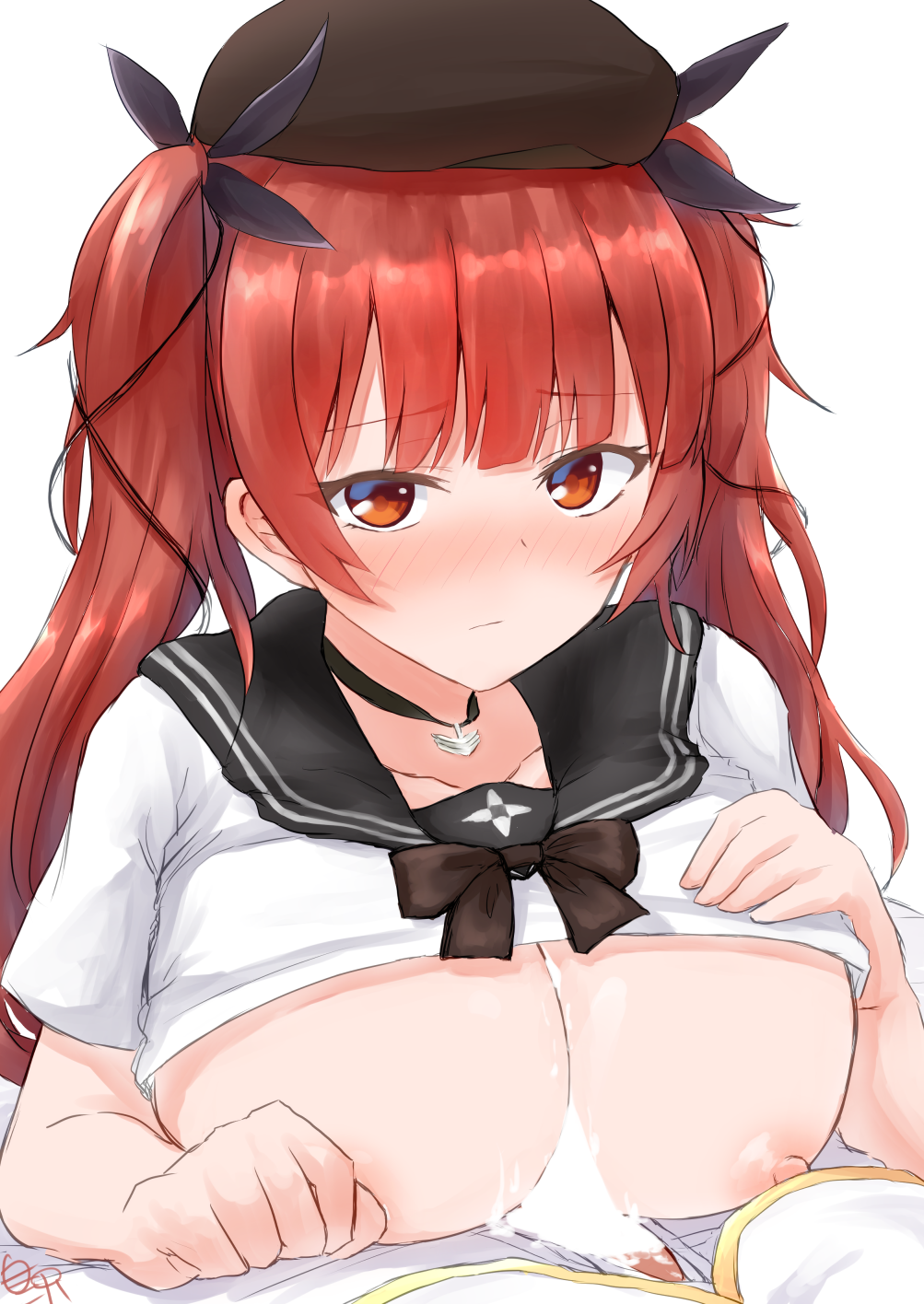 1boy azur_lane bangs blush bow breasts breasts_out censored closed_mouth collared_shirt eyebrows eyebrows_visible_through_hair female full-face_blush hairbow hand_on_own_chest hat highres honolulu_(azur_lane) honolulu_(parasol_girl)_(azur_lane) jewelry large_breasts long_hair looking_at_viewer necklace nipples no_bra paizuri penis red_hair shirazawa shirt shirt_lift short_sleeves simple_background t-shirt twintails white_background white_shirt