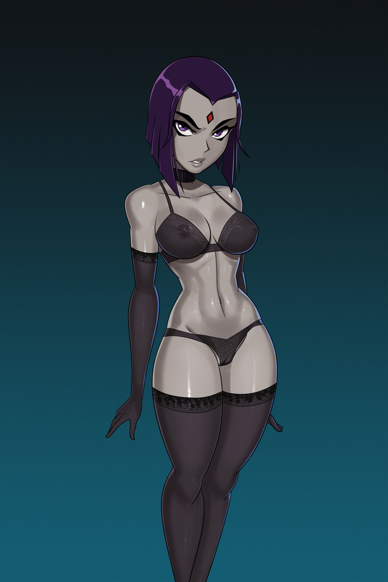 between labia, breasts, dc, dc comics, female, female only, goth, innie pussy, lingerie, pussy, rachel roth, raven (dc), solo, sunsetriders7, teen titans, thighhighs