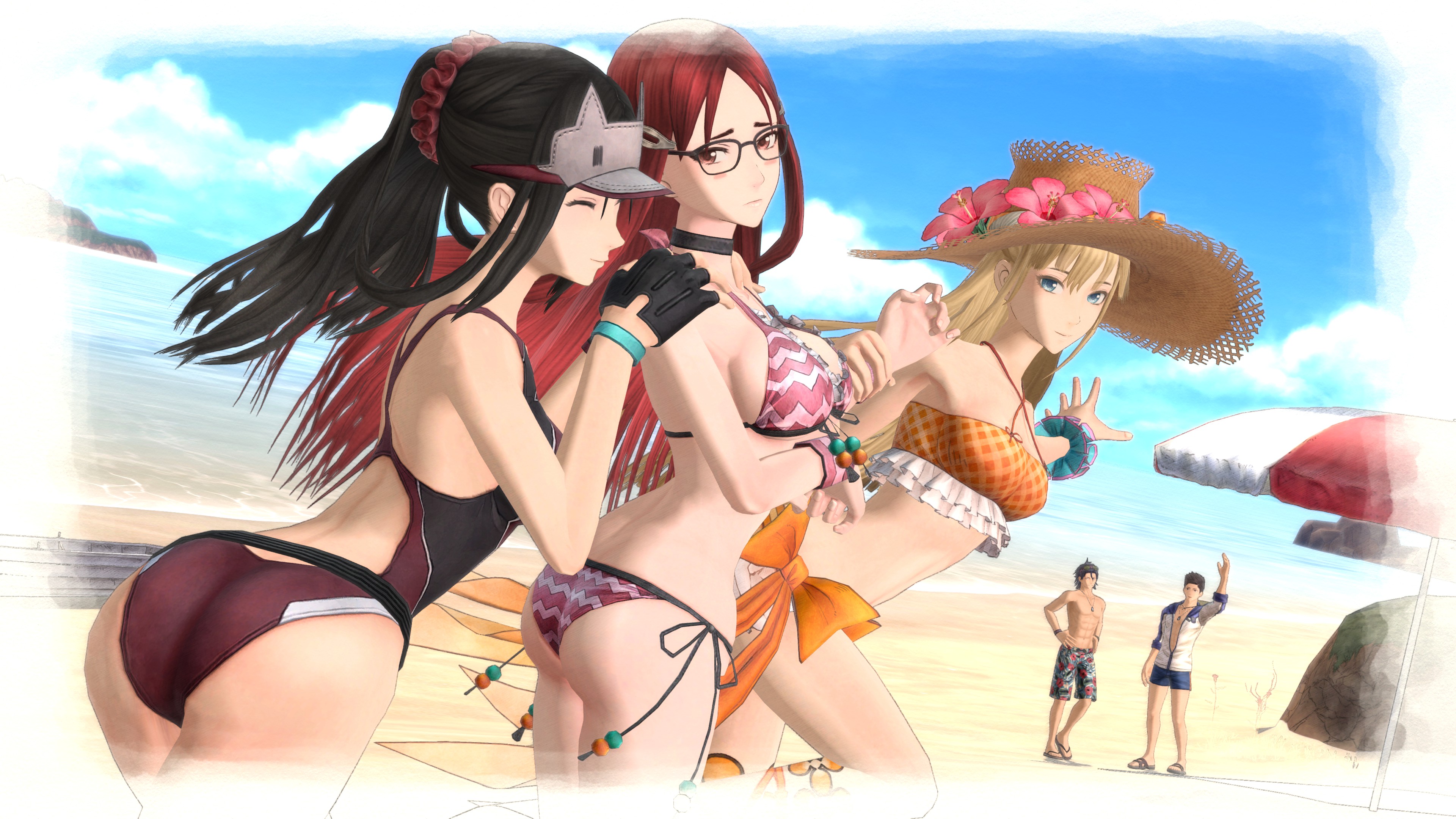 2boys, 3girls, ass, beach, bikini, blonde hair, blush, blushing, breasts, female, glasses, gloves, hat, huge ass, huge breasts, kai schulen, large breasts, looking back, male, minerva victor, one-piece swimsuit, red eyes, red hair, riley miller, screen capture, screenshot, swimsuit, valkyria chronicles, valkyria chronicles 4