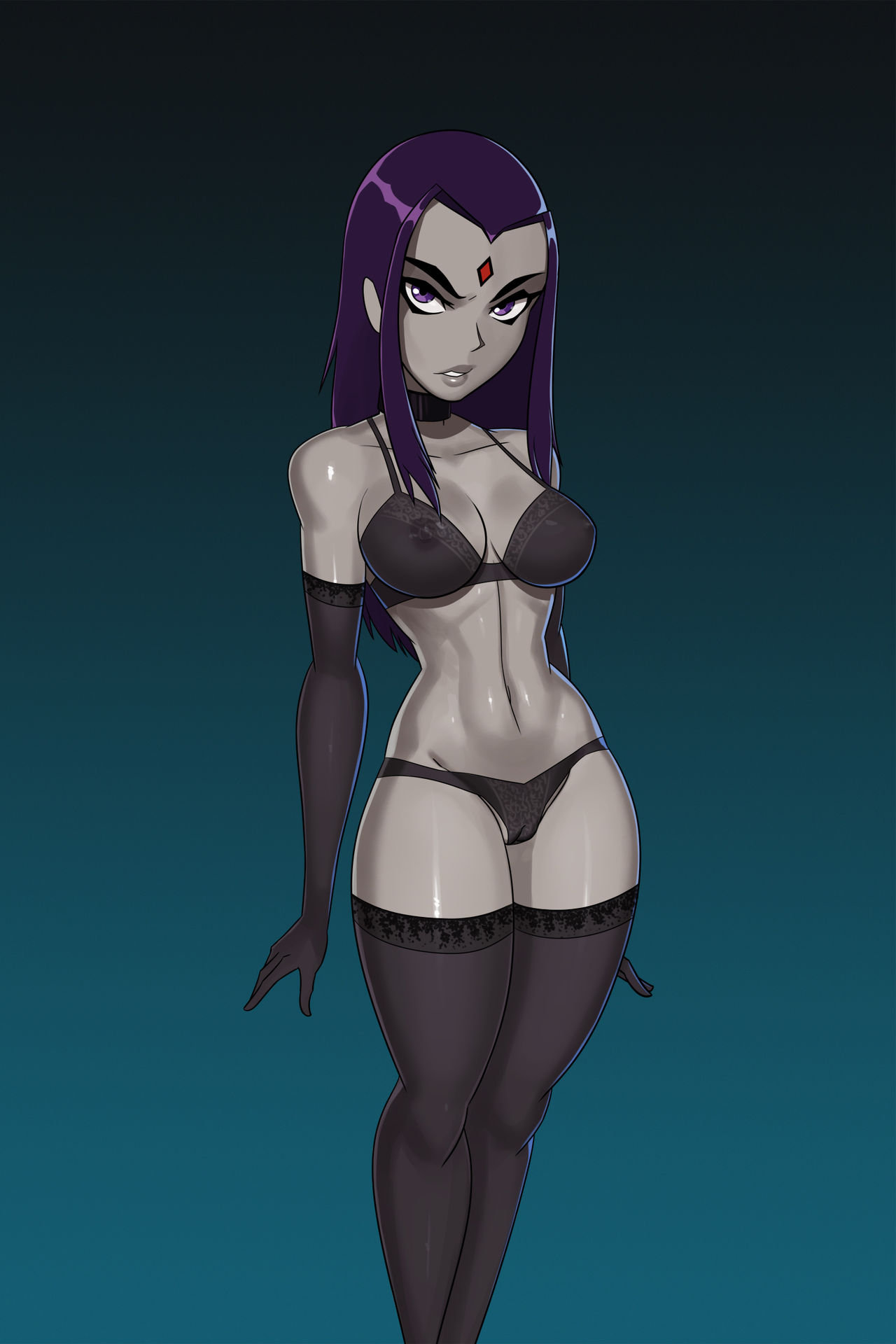 1girls, alternate hair length, between labia, black lingerie, breasts, cartoon network, dc, dc comics, demon, demon girl, female, female only, forehead jewel, goth, grey skin, innie pussy, lingerie, long hair, nipples visible through clothing, purple eyes, purple hair, pussy, pussy visible through clothes, rachel roth, raven (dc), solo, sunsetriders7, superheroine, teen titans, thighhighs, underwear
