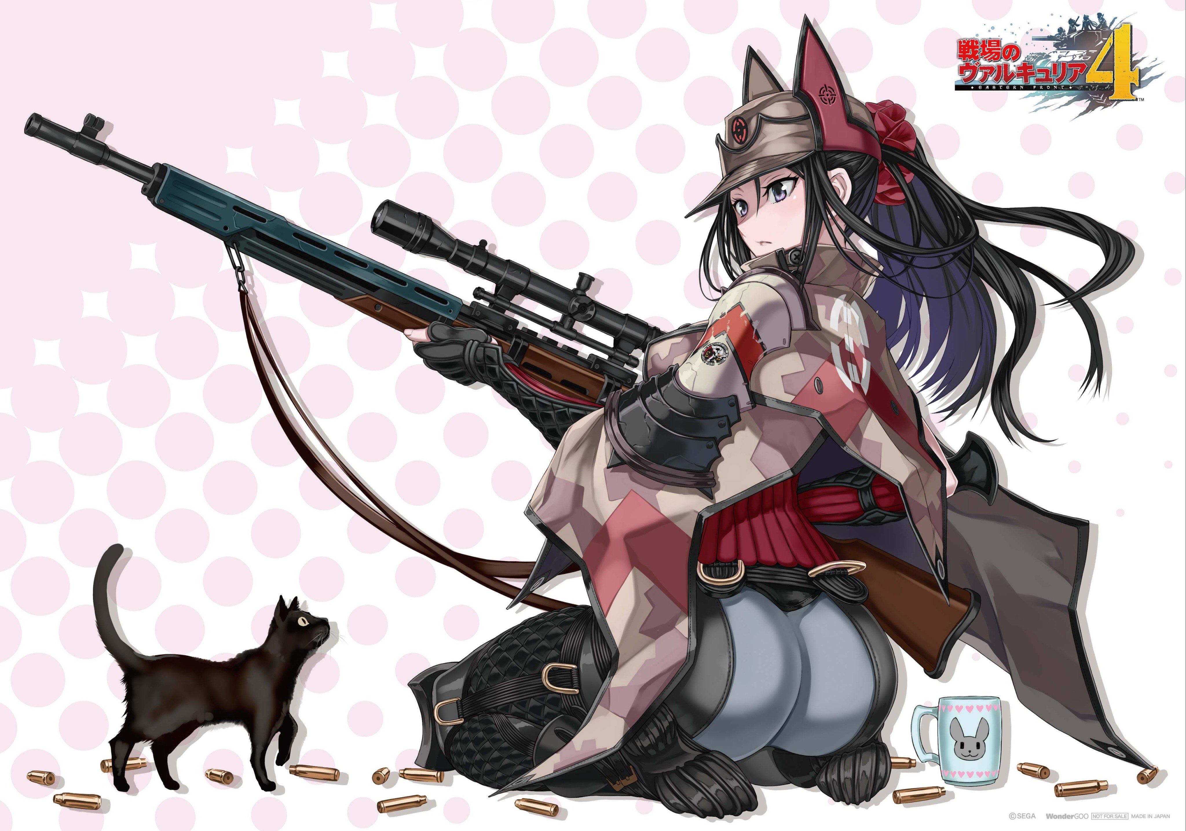 1girls, ass, black hair, bullet, cat, clothing, female, female only, gun, honjou raita, kai schulen, kneeling, rifle, solo, tagme, valkyria chronicles, valkyria chronicles 4