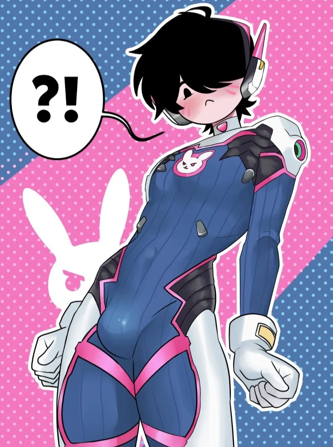 1boy, 2d, blush, blushing, bodysuit, bodysuit bulge, bulge, bulge through clothing, cosplay, d.va (cosplay), eye covering bang, femboy, femboy only, feminine male, girly boy, gogo bubble, male only, oc, original, original character, overwatch, pretty boy, skintight bodysuit, solo, solo focus, tagme, tight clothing, twink