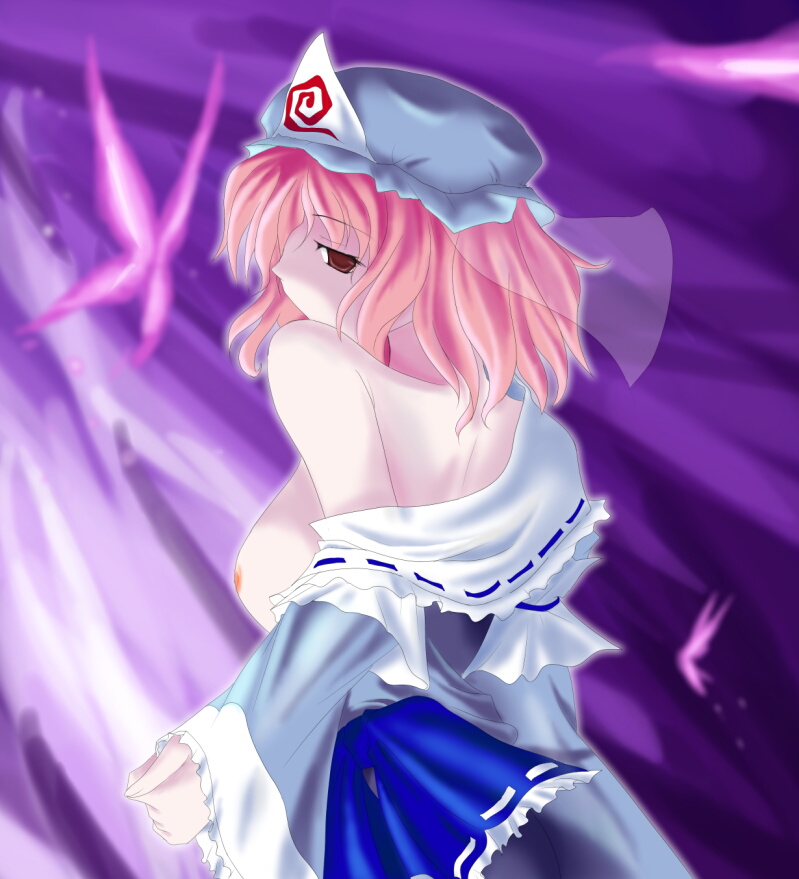 breasts breasts_out eyebrows_visible_through_hair hat looking_back loose_clothes no_bra pink_hair red_eyes suzuki_sakura touhou yuyuko_saigyouji