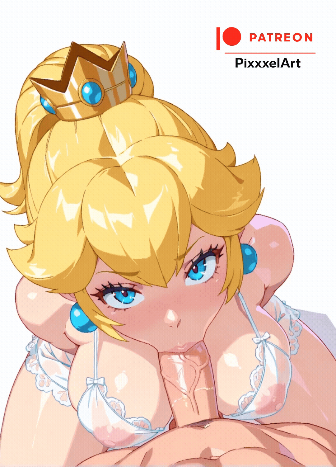 1boy, 1girls, ai generated, animated, blonde hair, blowjob, blue eyes, blush, cleavage, crown, deepthroat, earrings, fellatio, female, female focus, from above, genitals, gif, human, human on human, human only, large breasts, light skin, light-skinned female, light-skinned male, lingerie, looking at viewer, male, male/female, mario (series), nintendo, oral, oral sex, patreon, patreon logo, patreon username, penis, princess peach