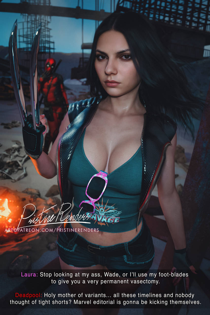 1boy, 1girls, 3d, 3d (artwork), big breasts, bigger version at the source, black hair, breasts, brown eyes, caught staring, claws, cleavage, crop top, dafne keen, deadpool, deadpool & wolverine (2024), english text, female, female focus, fire, glasses, highres, large breasts, latina, laura kinney, long hair, looking at viewer, male, marvel, marvel cinematic universe, marvel comics, microshorts, minishorts, movie, multiverse, pristinerenders, short shorts, shorts, skimpy clothes, sleeveless, slutty female, sunglasses, superhero, superhero costume, superheroine, text, wade wilson, x-23, x-23 (dafne keen), x-men