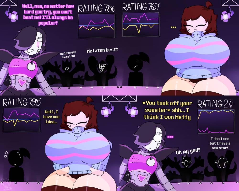 big breasts, breasts bigger than head, brown hair, closed eyes, clothed female, clothes, clothing, comic, comic page, female frisk, frisk, frisk (undertale), huge breasts, leggings, mettaton, mettaton ex, shirt lift, thick thighs, thighhighs, thighs, undertale, undertale (series), vadimmadvier