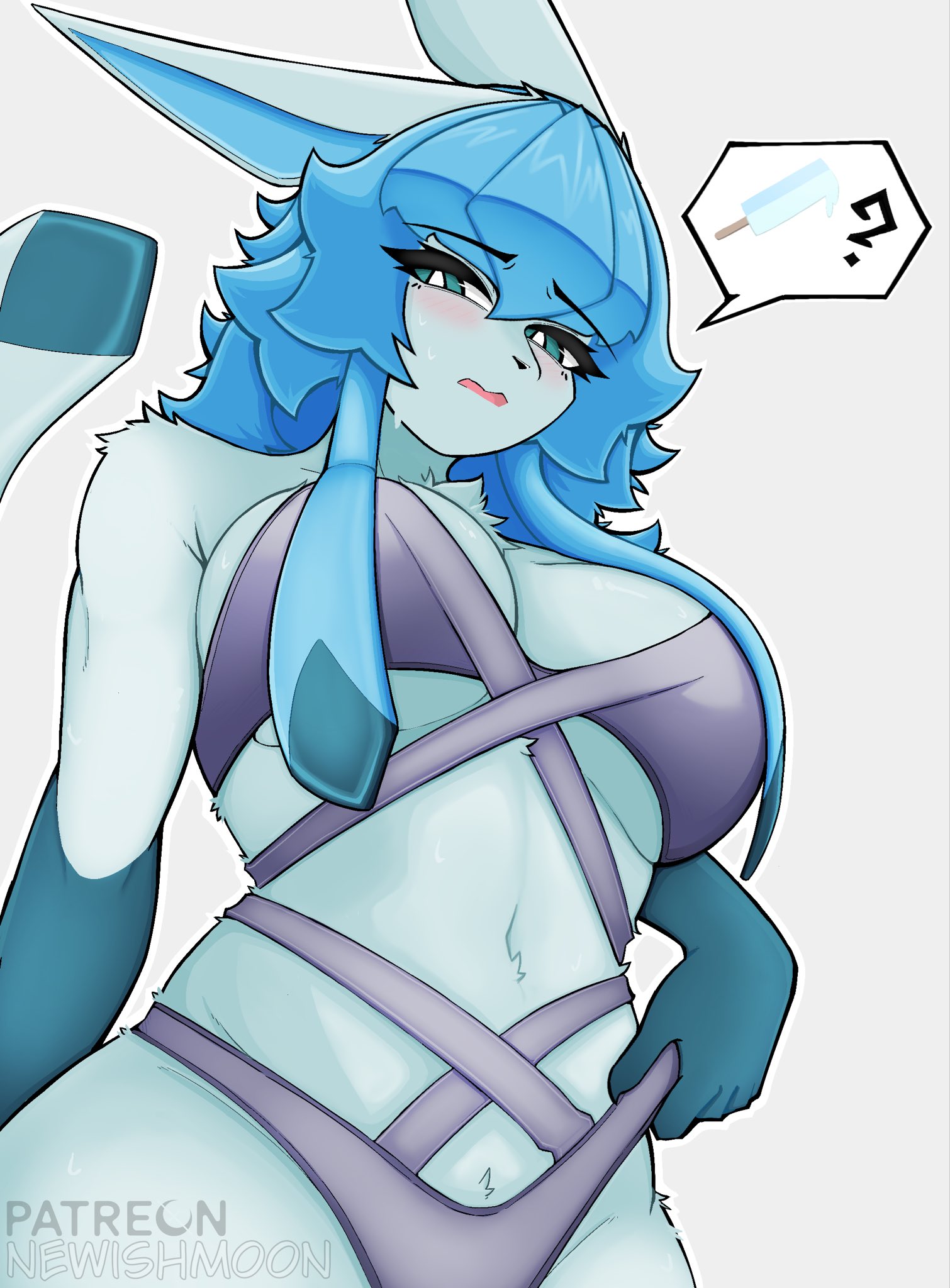 1girl, 1girls, 2026, 2d, 2d artwork, anthro, anthro focus, anthro only, artist logo, artist name, asking, big boobs, big breasts, bikini, blue body, blue eyes, blue hair, blue skin, blush, blushing, boobs, bra, breasts, clothed, clothing, cute, digital drawing (artwork), digital media (artwork), eeveelution, female, female focus, female only, food, game freak, generation 4 pokemon, glaceon, grabbing panties, half-closed eyes, hi res, highres, hot, ice cream, looking at viewer, nervous, newishmoon, nintendo, panties, pokemon, pokemon (species), sexy, simple background, solo, solo female, solo focus, speech bubble, strap, straps, swimsuit, tail, text bubble, watermark, white background, wholesome