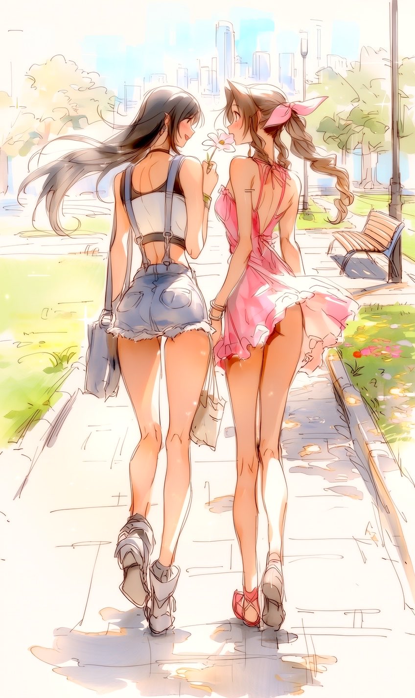 2d, 2girls, aerith gainsborough, back view, bare legs, bare thighs, barefoot, boots, braided ponytail, feet, final fantasy, final fantasy vii, final fantasy vii rebirth, long hair, long legs, sandals, shorts, skirt, skirt lift, sleeveless, sleeveless dress, sleeveless shirt, slim, slim female, slim girl, slim waist, swimsuit, tied hair, tifa lockhart, video game character