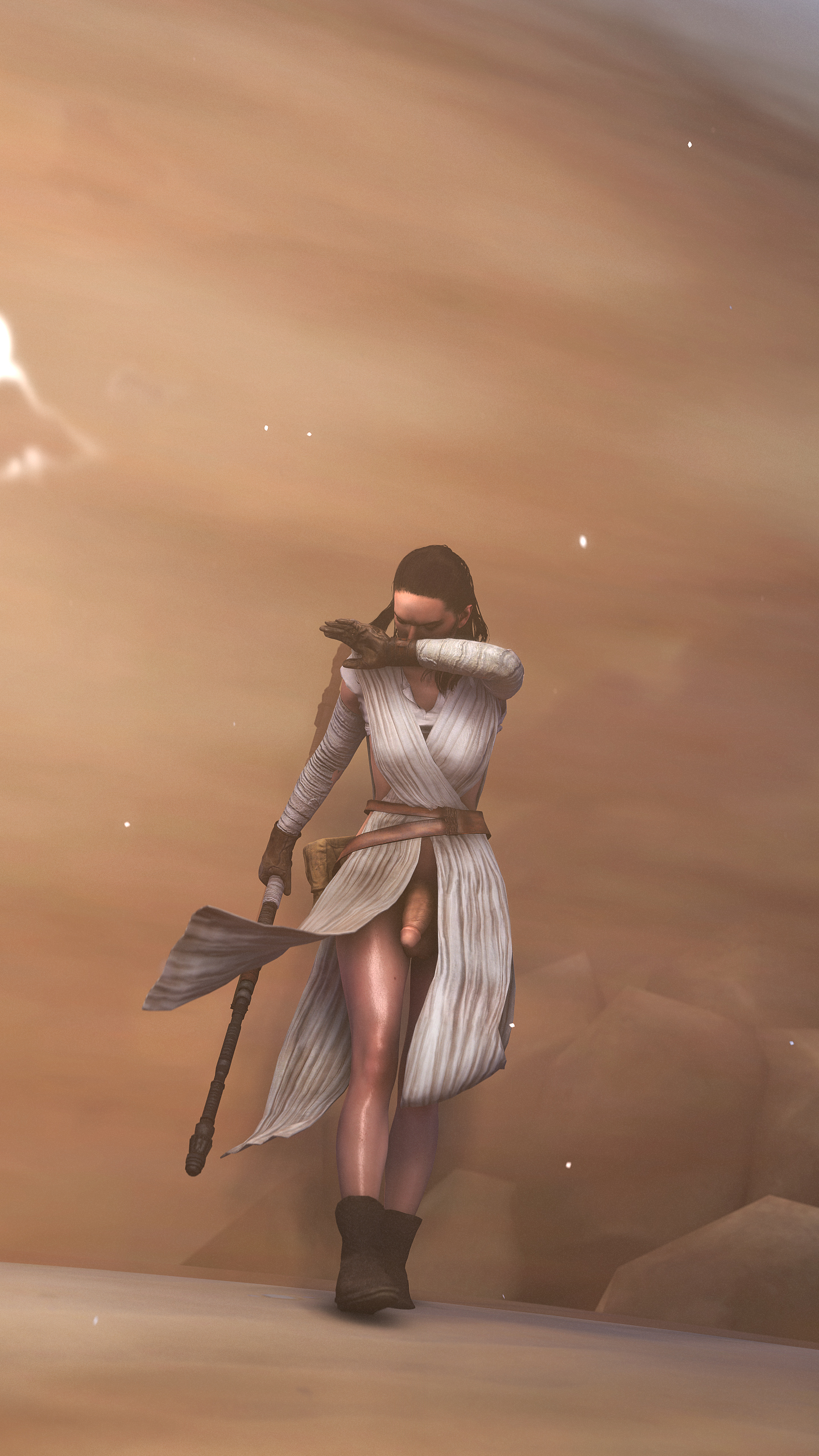 1futa, 3d, balls, balls under clothes, bottomless skirt, breasts, casual, casual exposure, casual nudity, cleavage, clothing, curvy, daisy ridley, desert, dickgirl, flaccid, futa only, futa sans pussy, futanari, giallo1972, human, intersex, large breasts, no panties, nonsexual, nonsexual nudity, outdoors, pale skin, penis, penis out, penis under clothes, penis under skirt, realistic, rey, skirt, skirt lift, solo, source filmmaker, star wars, testicles, the force awakens, walking, weapon, wide hips