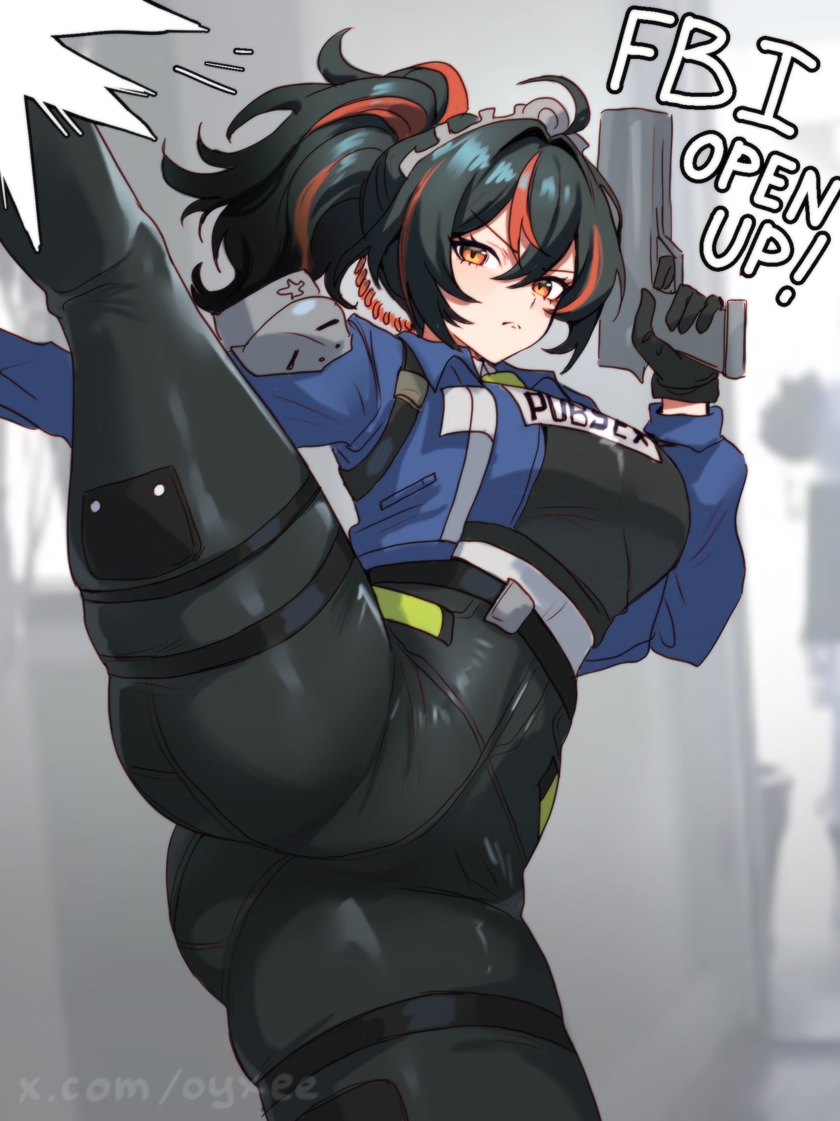1girls, ass, ass visible through thighs, big ass, big butt, breasts, female, female focus, female only, large ass, large breasts, light skin, light-skinned female, oyxee, policewoman, ponytail, solo, thick thighs, thighs, wide hips, zenless zone zero, zhu yuan
