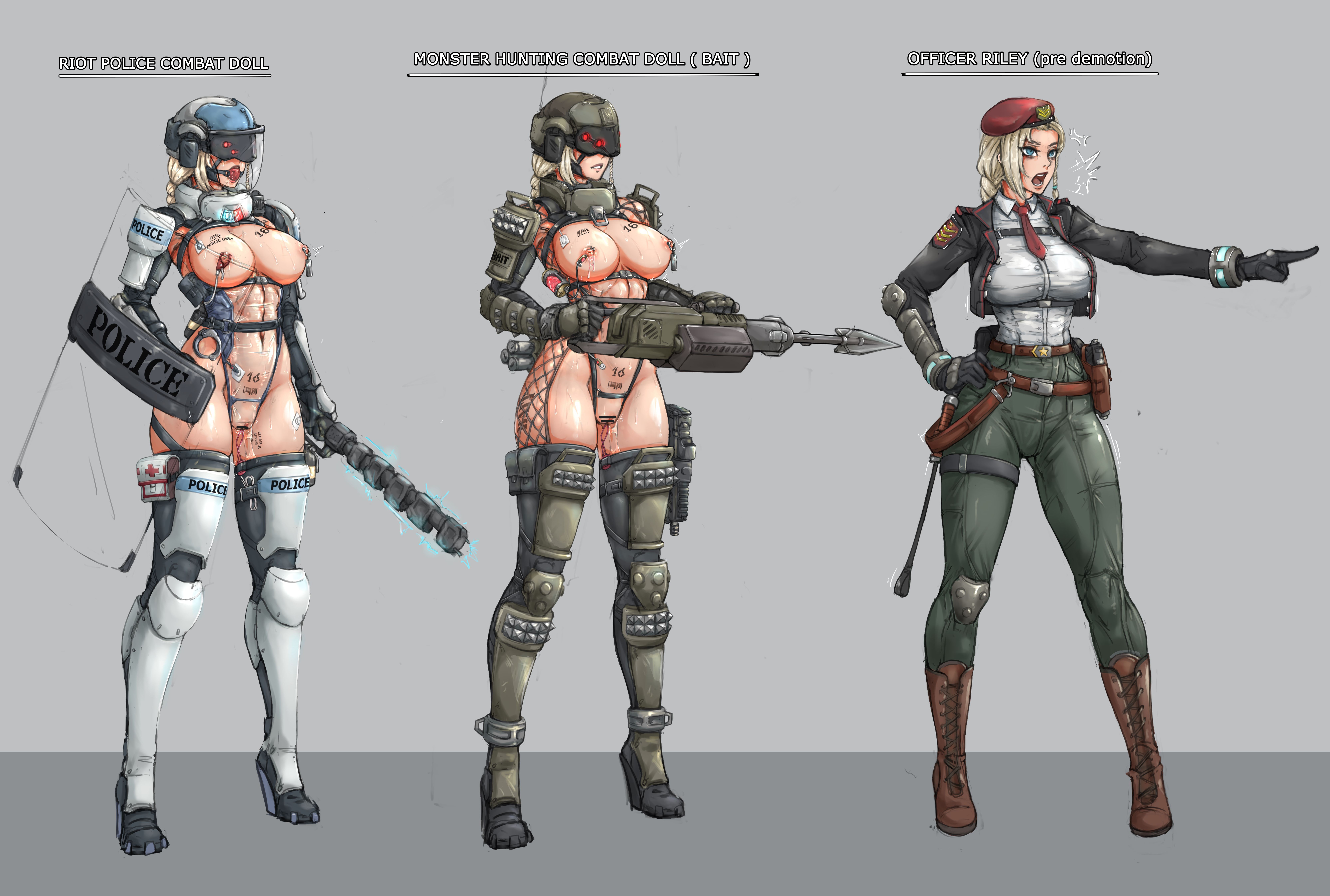 1girls, abs, alternate costume, athletic female, bad end, ball gag, barcode, barcode tattoo, before and after, blonde hair, blue eyes, body modification, bondage, bondage outfit, breasts, breasts out, censored, change of status, cop, cyborg, defeated, degradation, dehumanization, dog tags, doll, doll girl, dollification, eyes covered, female, female combatant, female only, female soldier, gag, grunt, helmet, identity death, loss of self, pierced nipples, piercing, police uniform, pussy, revealing clothes, sirpetus, soldier, soldier uniform, tattoo, thighs, transformation, weapon