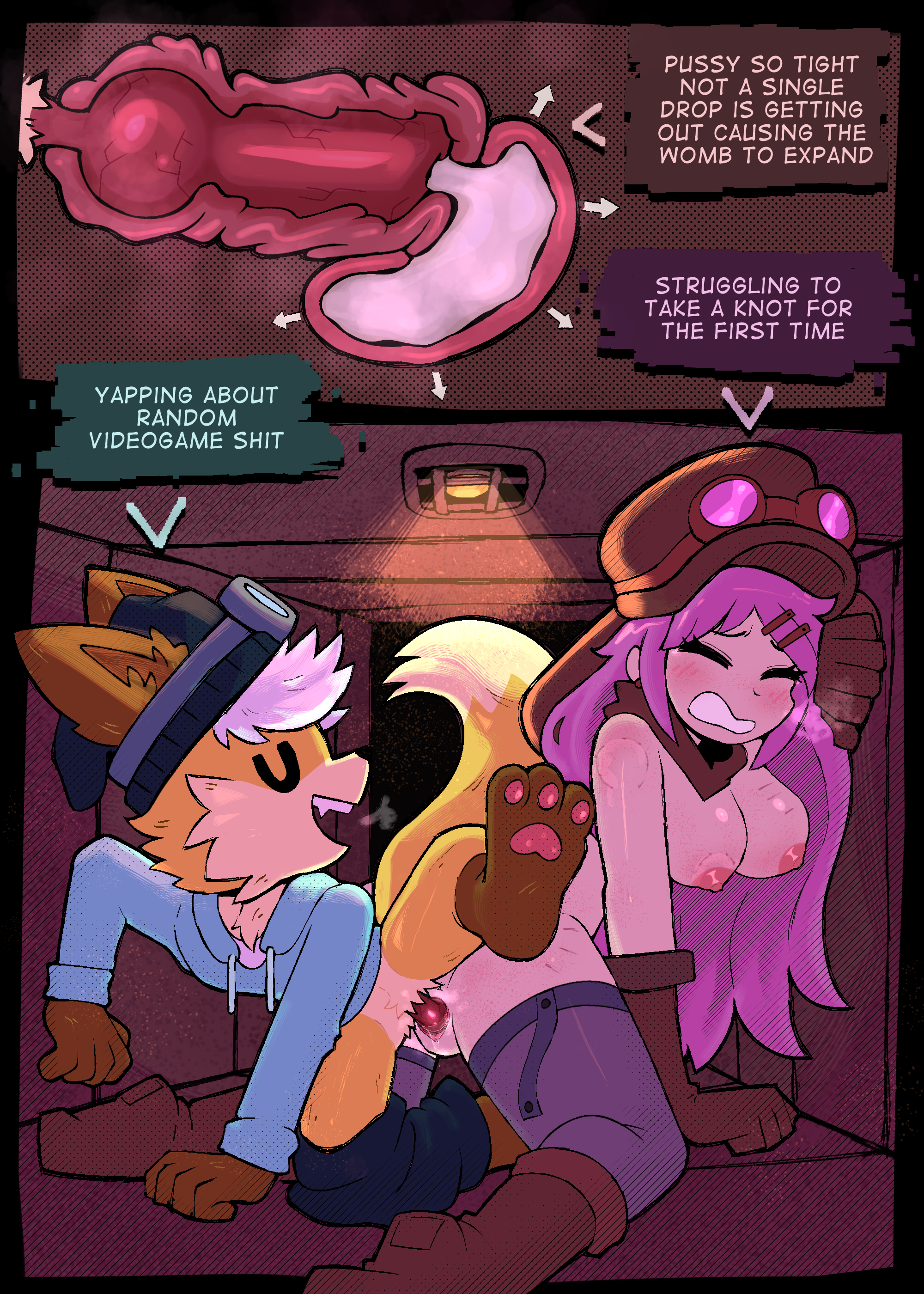 1boy, 1boy1girl, 1girls, bite, bite mark, canine, canine penis, cum, cum inside, female, female on anthro, fox, furry on human, interspecies, knot, knotted penis, knotting, male, overwhelmed, scratches, steam, steampunk, steamy breath, toinkity, vaginal penetration, vent